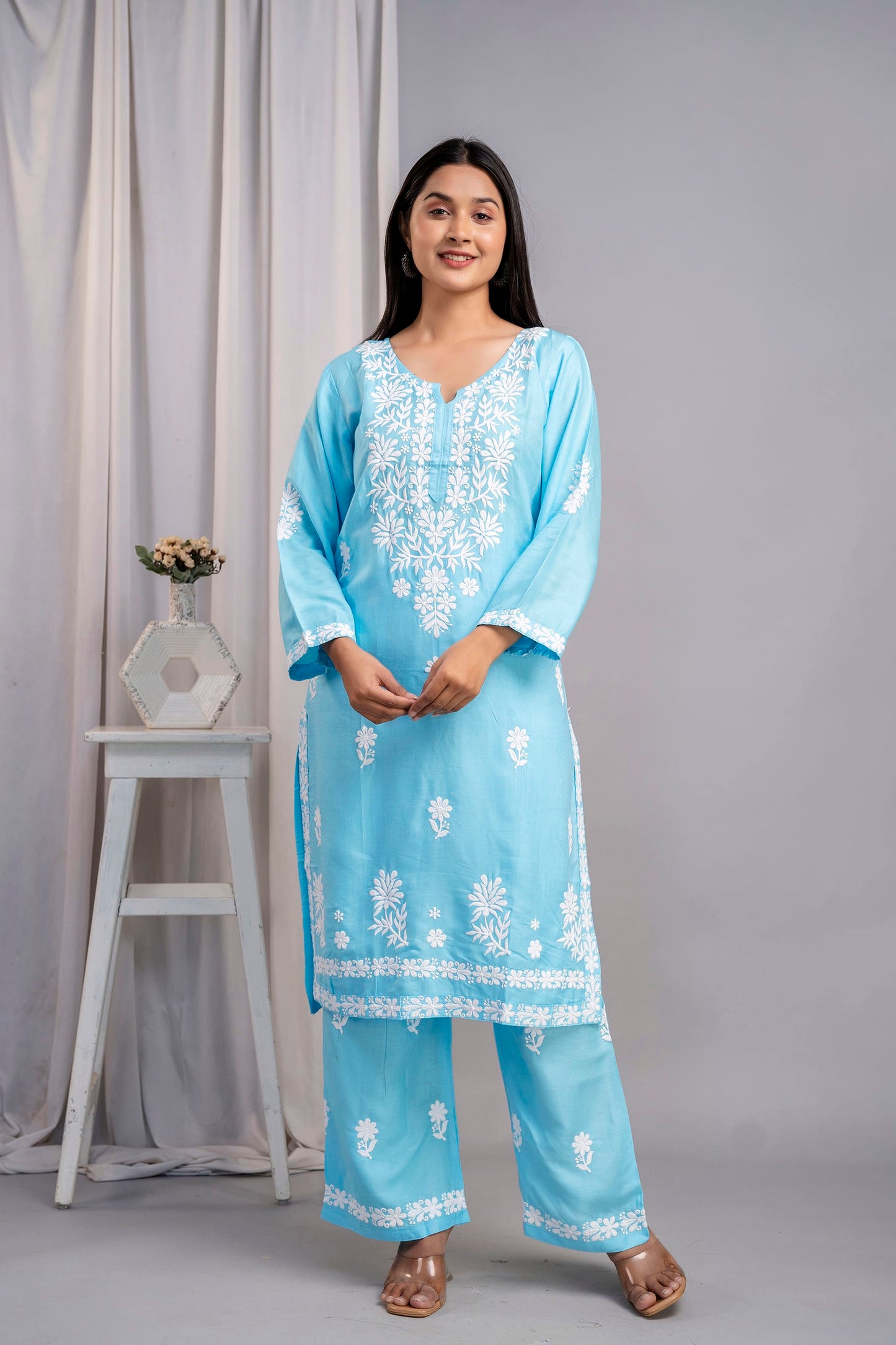 FIROJI Women's Exclusive Kurti & Palazzo Set on Pure Rayon Fabric Chikan Suit