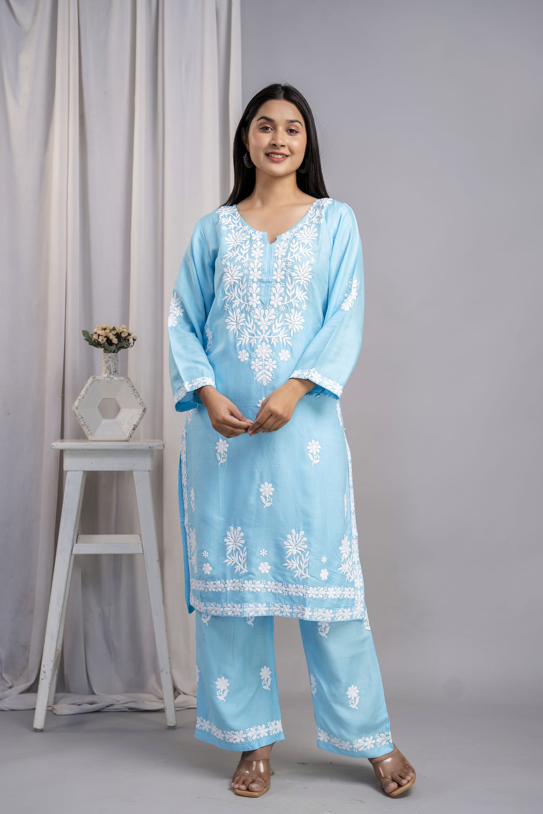 FIROJI Women's Exclusive Kurti & Palazzo Set on Pure Rayon Fabric Chikan Suit