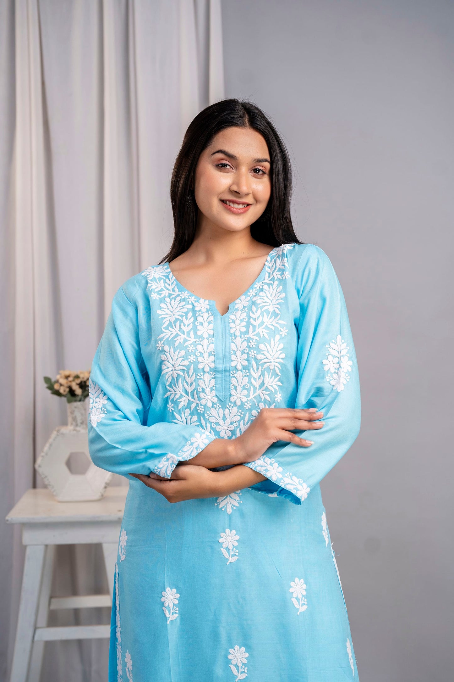 FIROJI Women's Exclusive Kurti & Palazzo Set on Pure Rayon Fabric Chikan Suit