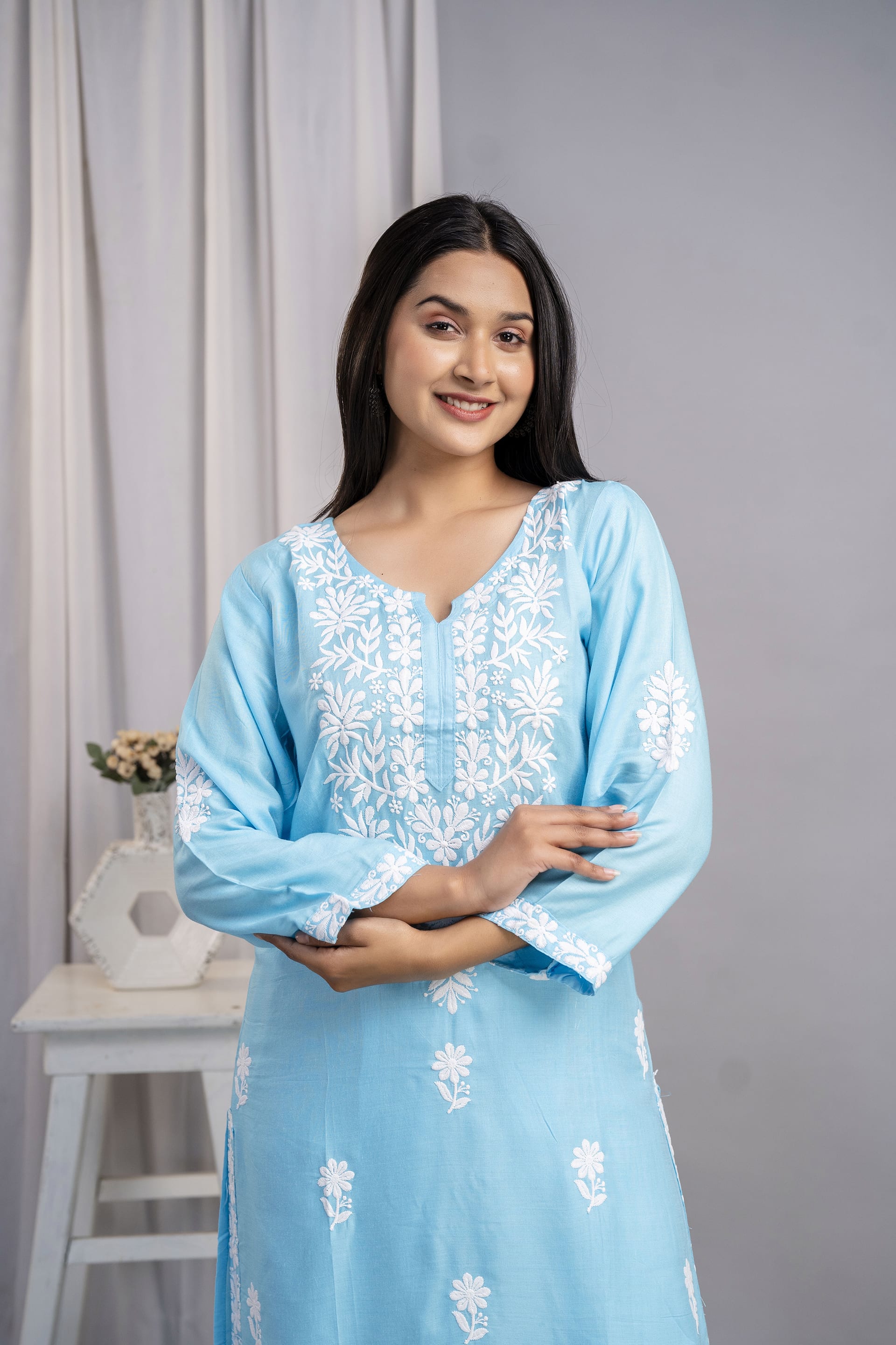 FIROJI Women's Exclusive Kurti & Palazzo Set on Pure Rayon Fabric Chikan Suit