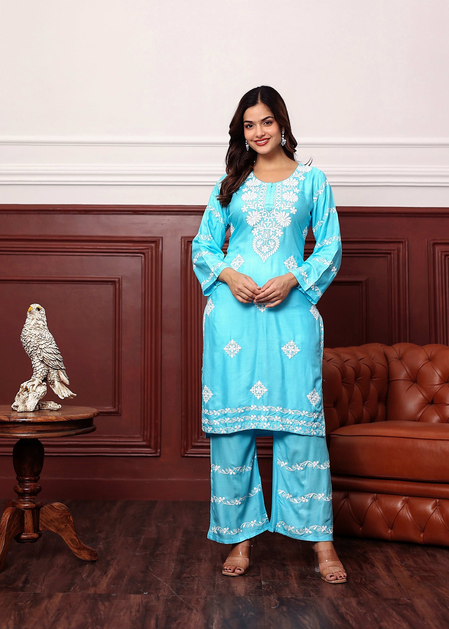 FIROJI Women's rayon chikankari work straight kurta palazzo set for women