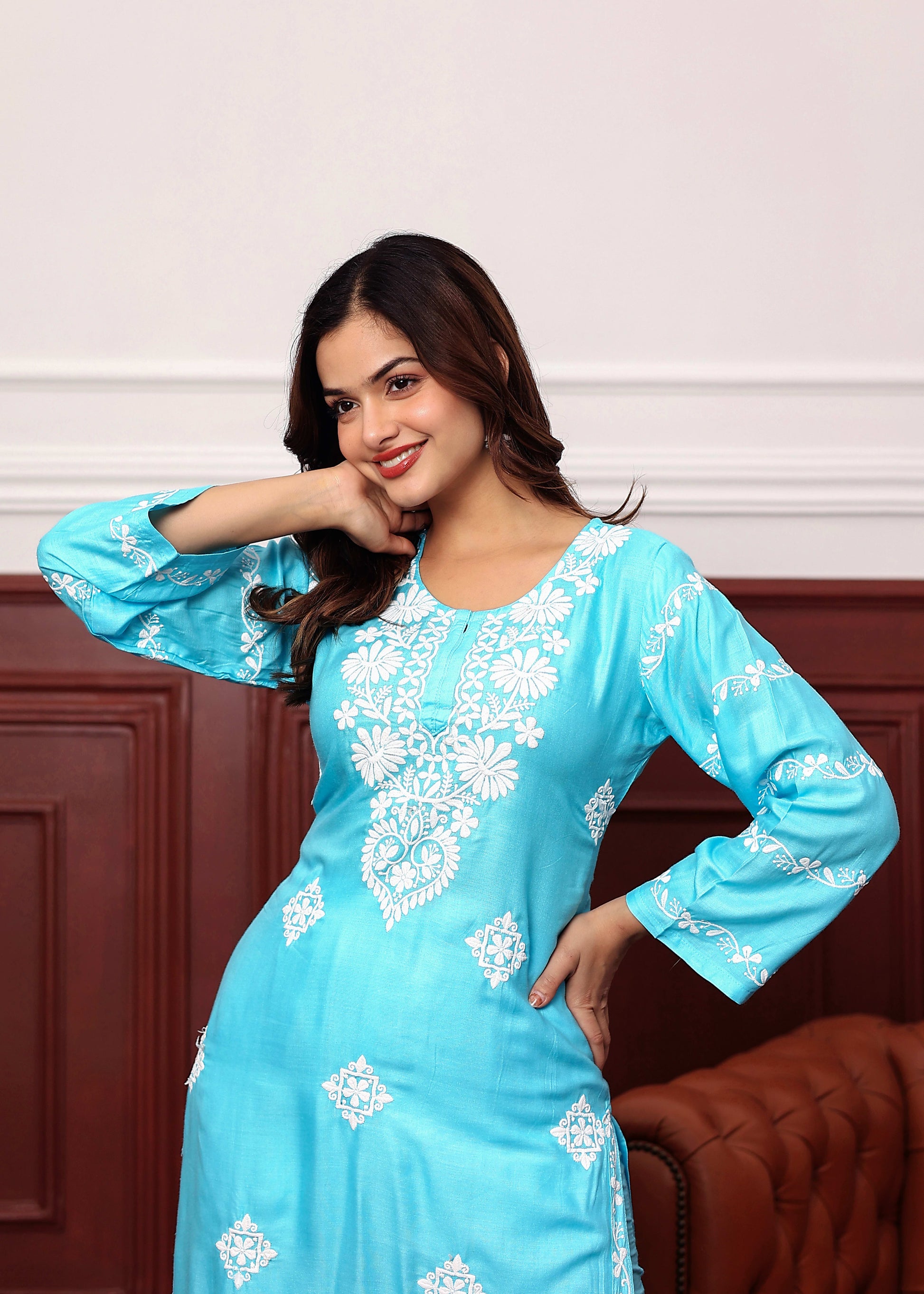 FIROJI Women's rayon chikankari work straight kurta palazzo set for women