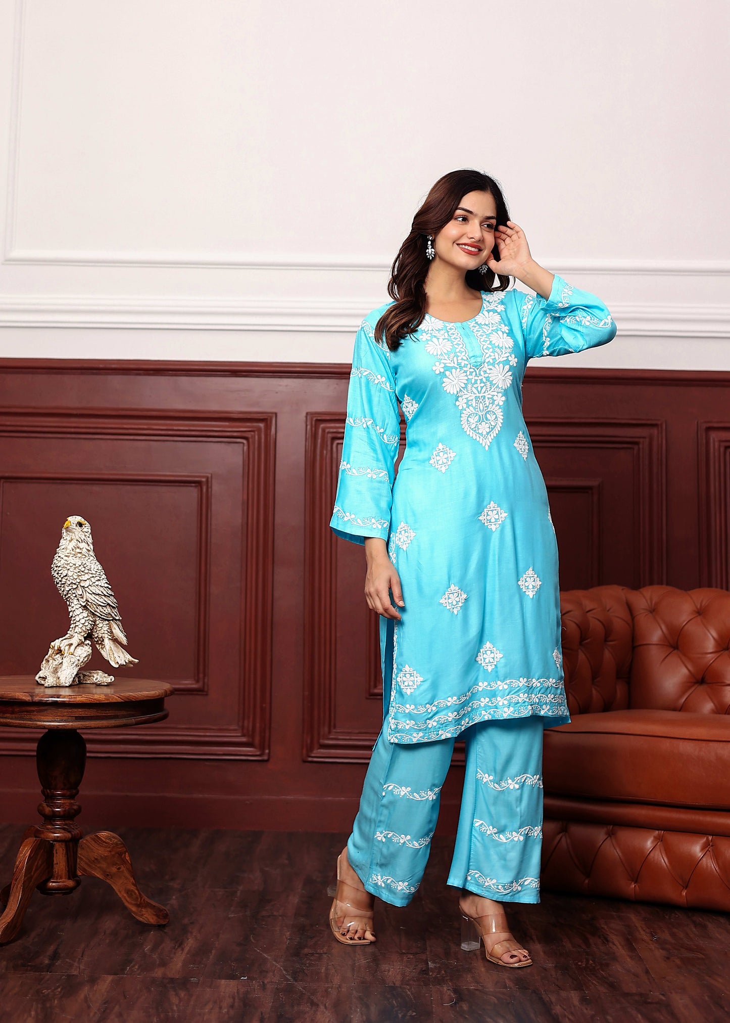 FIROJI Women's rayon chikankari work straight kurta palazzo set for women