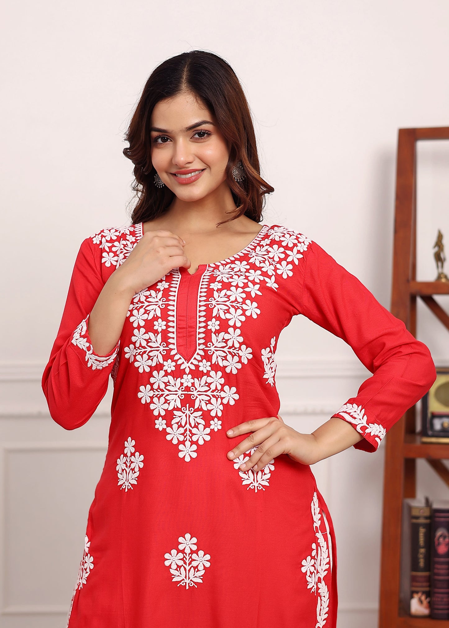 GAJARI Chikan Kurta for Women Rayon Straight Chikankari Kurti And White Plazo Set