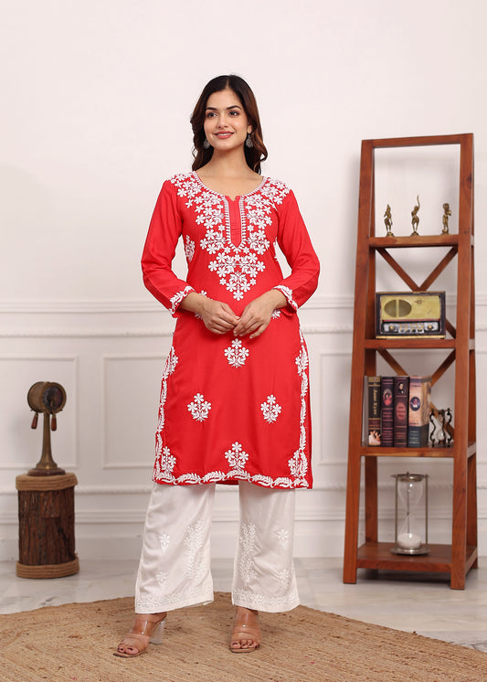 GAJARI Chikan Kurta for Women Rayon Straight Chikankari Kurti And White Plazo Set