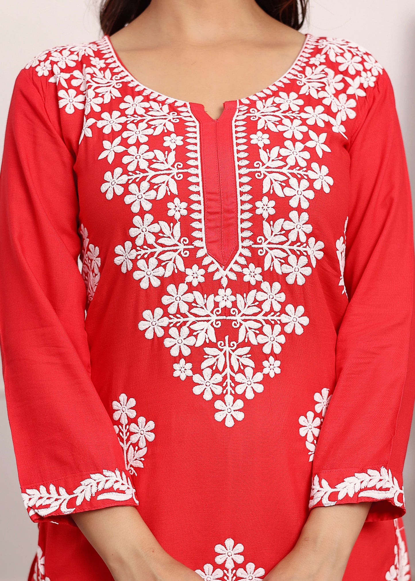 GAJARI Chikan Kurta for Women Rayon Straight Chikankari Kurti And White Plazo Set