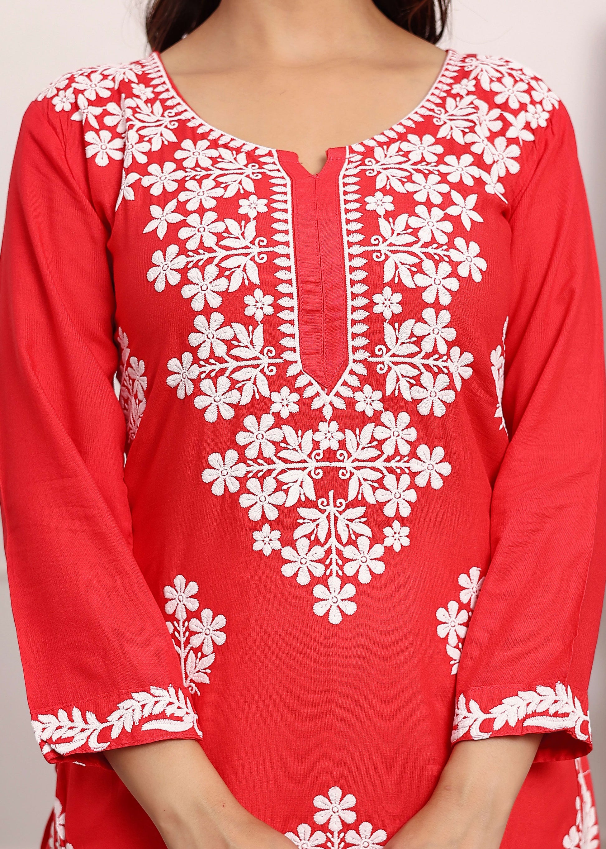 GAJARI Chikan Kurta for Women Rayon Straight Chikankari Kurti And White Plazo Set