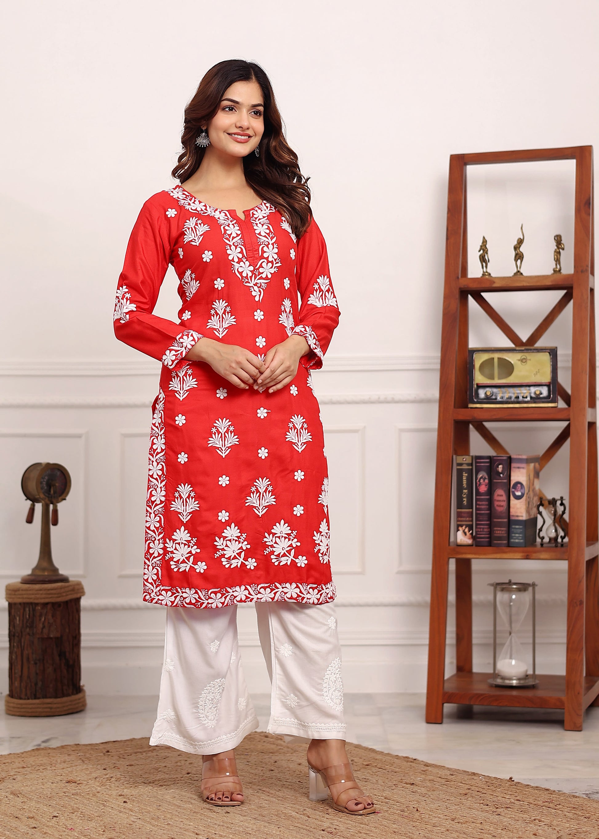 GAJARI Embroidered Chikan Kurta with plazzo ethnic Indian wear- Chikankari Work