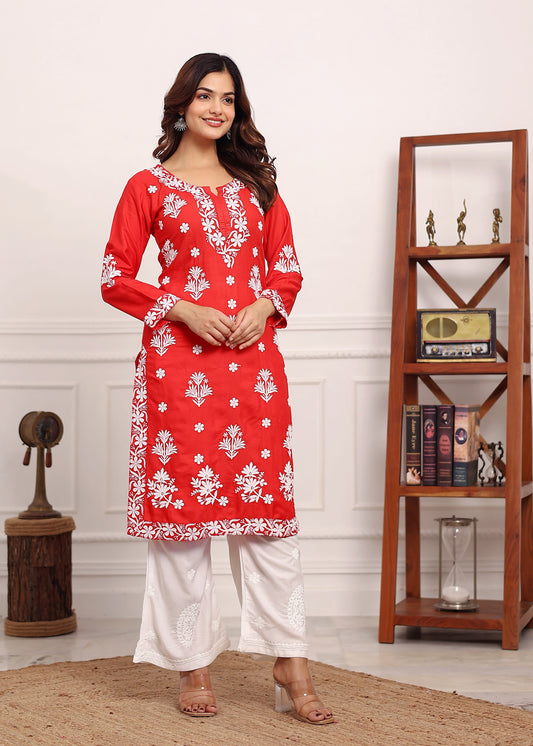 GAJARI Embroidered Chikan Kurta with plazzo ethnic Indian wear- Chikankari Work