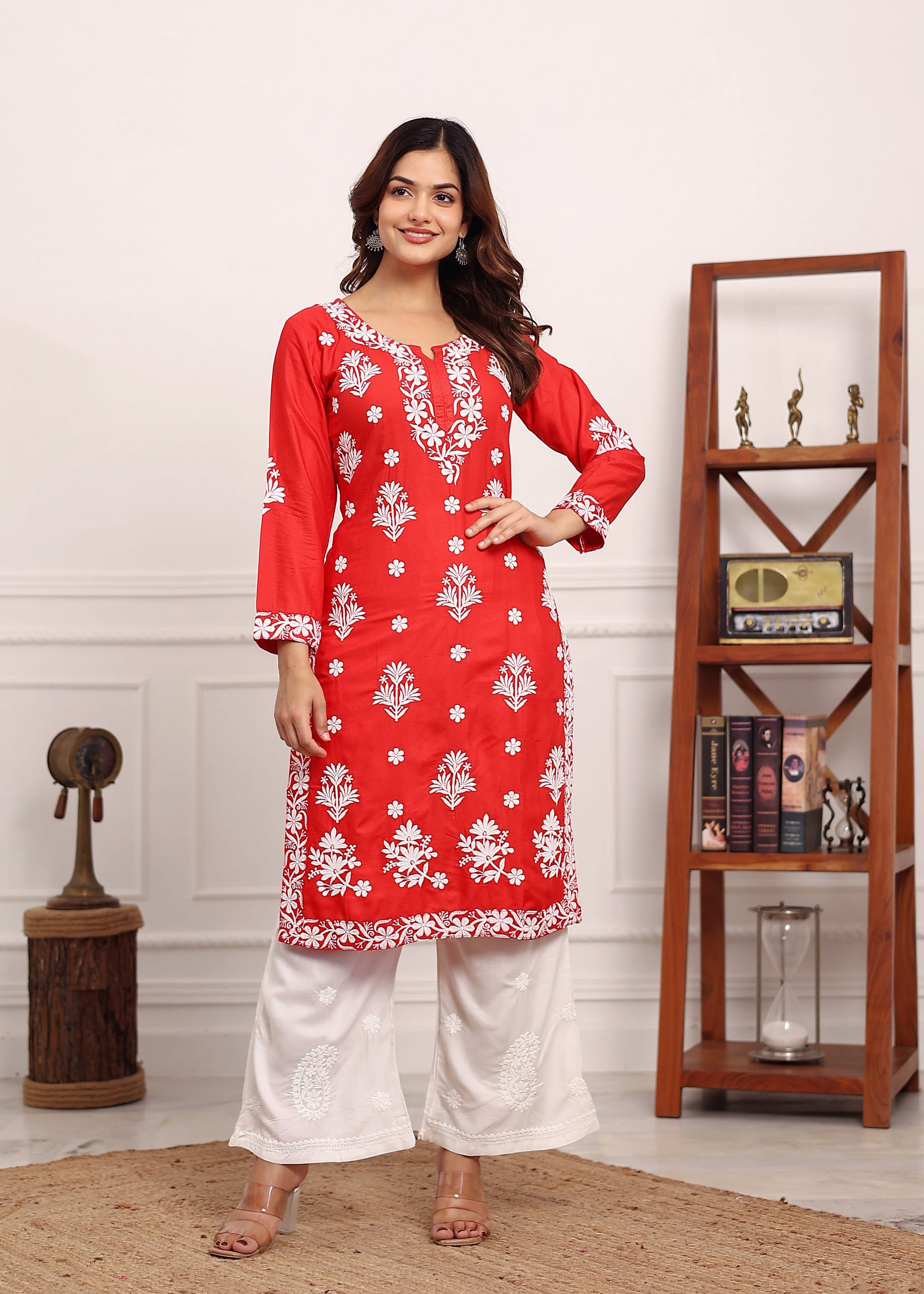 GAJARI Embroidered Chikan Kurta with plazzo ethnic Indian wear- Chikankari Work