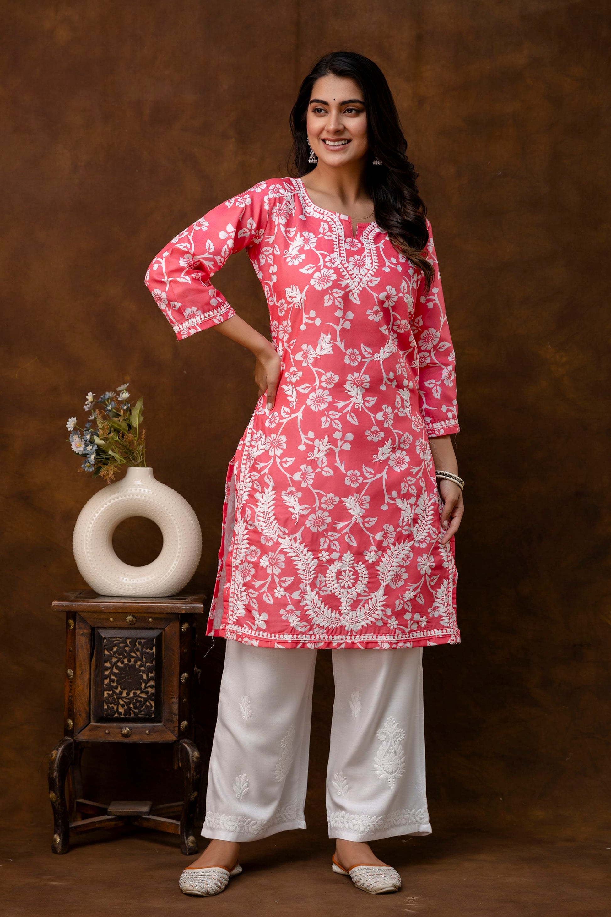 GAJARI Women's Cotton Blend Chikankari Embroidered Straight Kurta Set