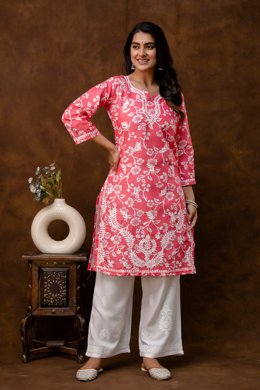 GAJARI Women's Cotton Blend Chikankari Embroidered Straight Kurta Set