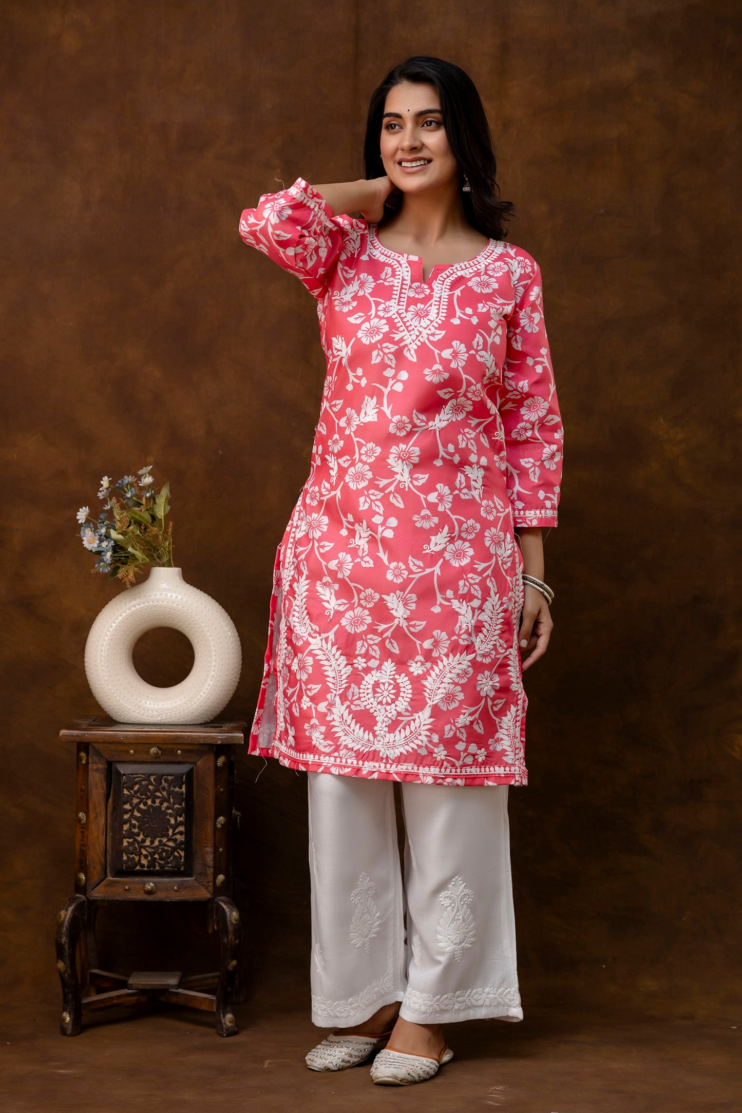 GAJARI Women's Cotton Blend Chikankari Embroidered Straight Kurta Set