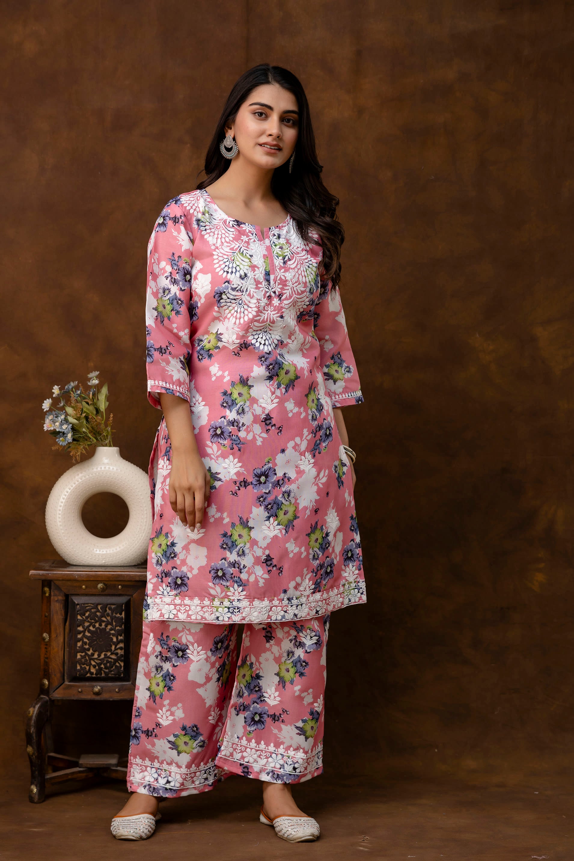 GAJARI cotton printed with chikanakri work kurti and plazo set