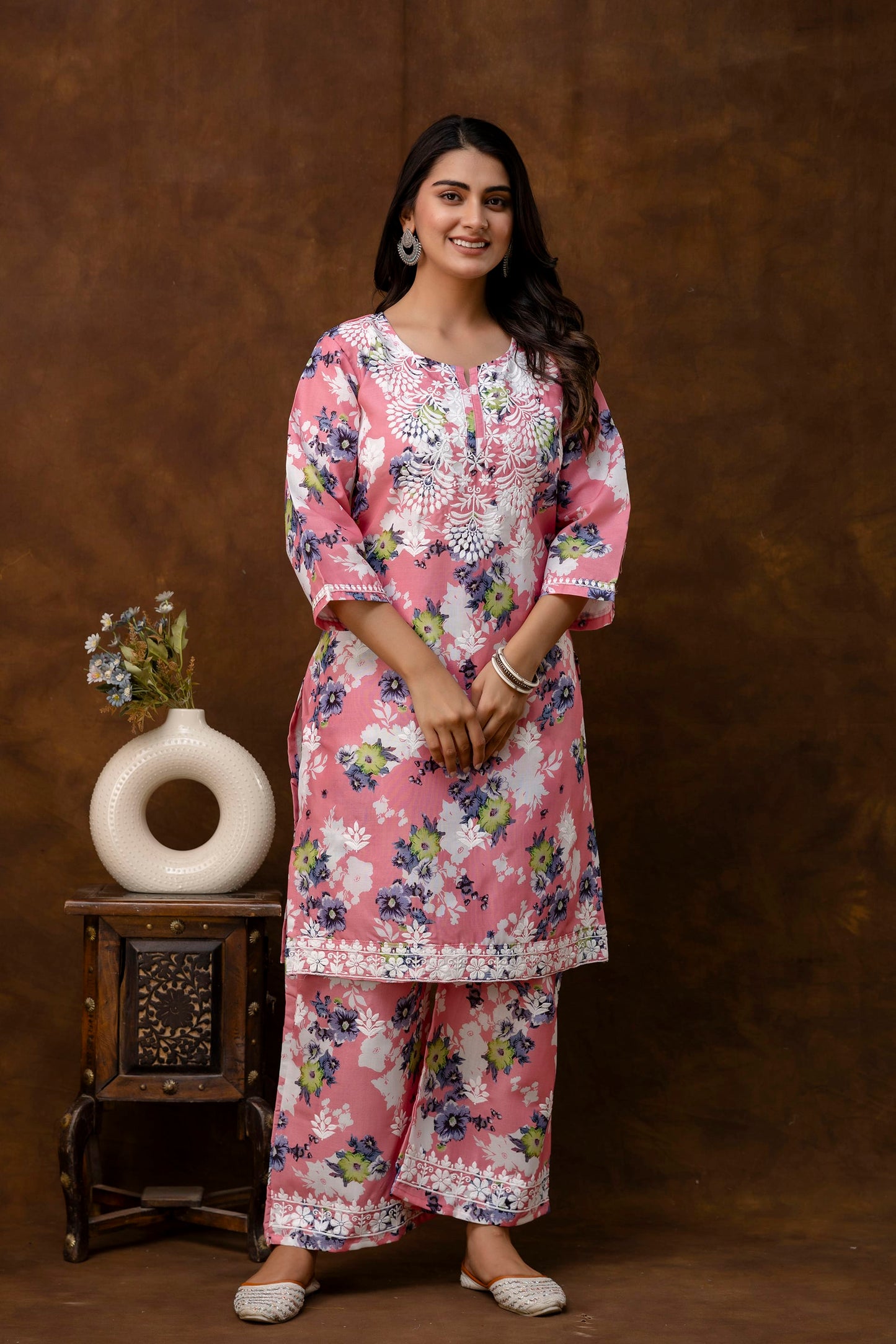 GAJARI cotton printed with chikanakri work kurti and plazo set