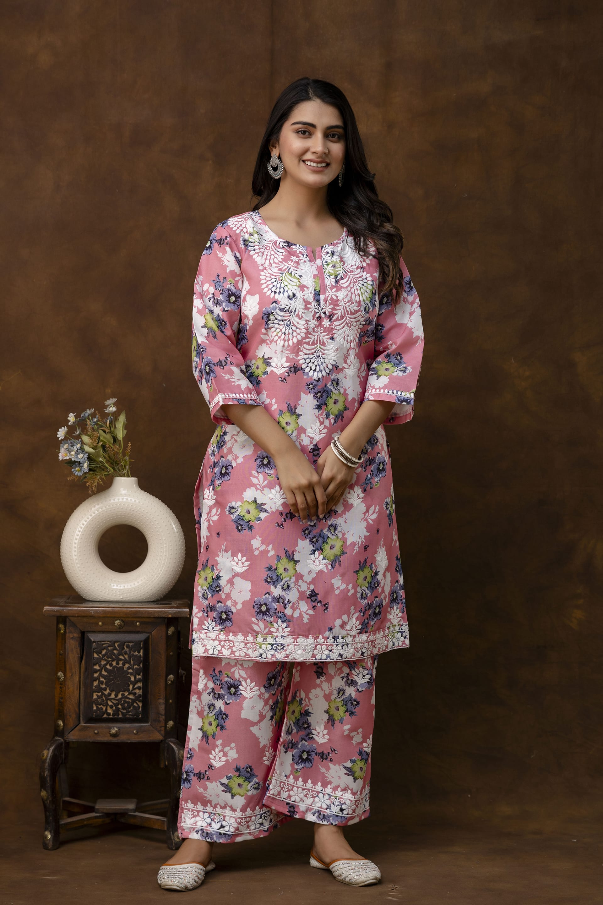GAJARI cotton printed with chikanakri work kurti and plazo set