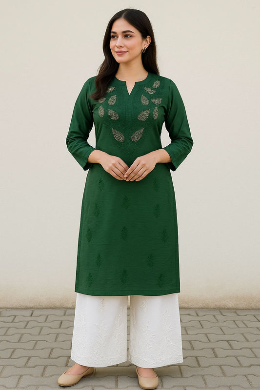 GREEN Chanderi With Authentic Lucknowi Chikankari & Mukaish Work Suit