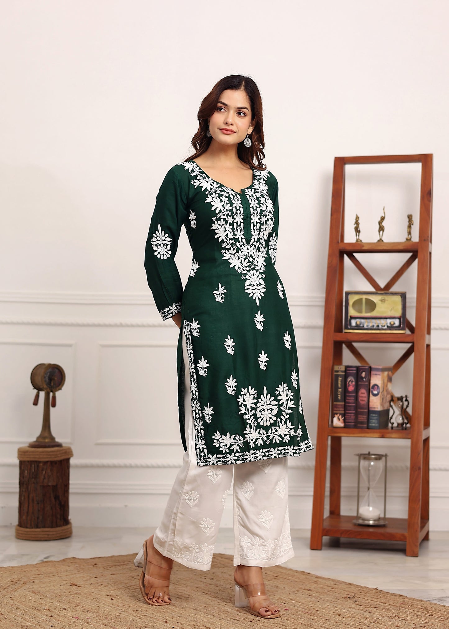 GREEN Elegant Chikankari Below Knee Length Kurti Plazo Set Perfect For All Occasion