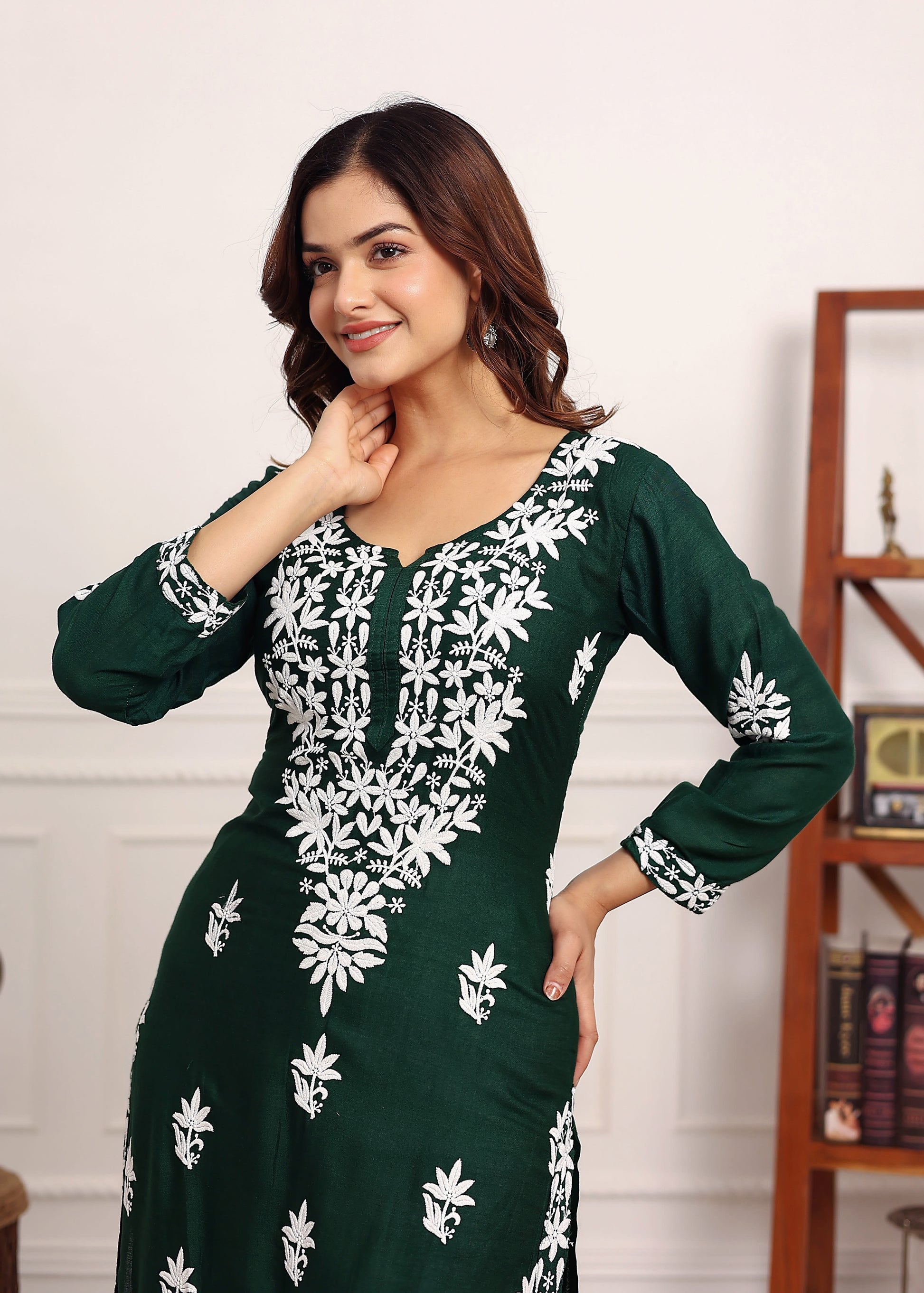 GREEN Elegant Chikankari Below Knee Length Kurti Plazo Set Perfect For All Occasion