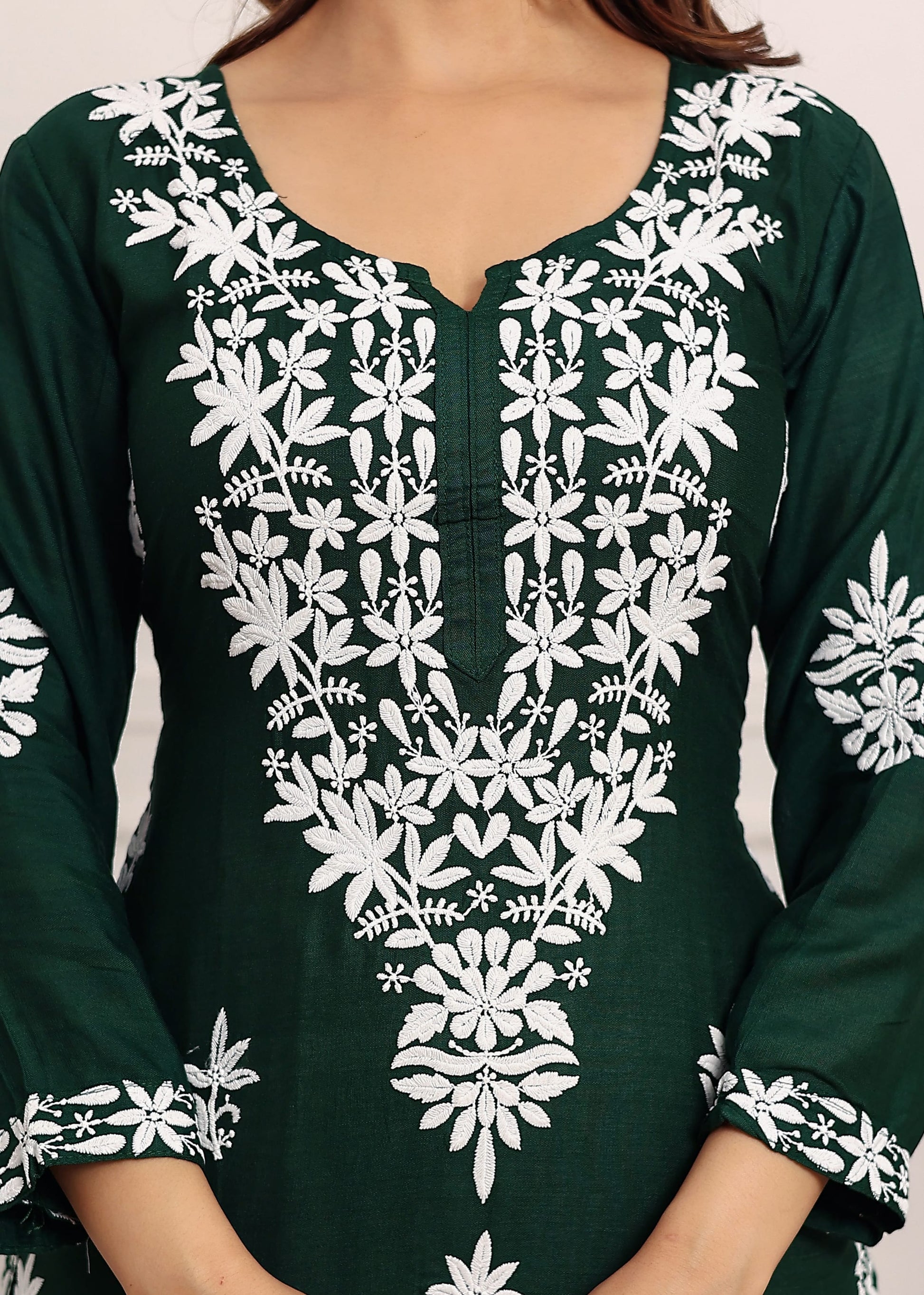 GREEN Elegant Chikankari Below Knee Length Kurti Plazo Set Perfect For All Occasion