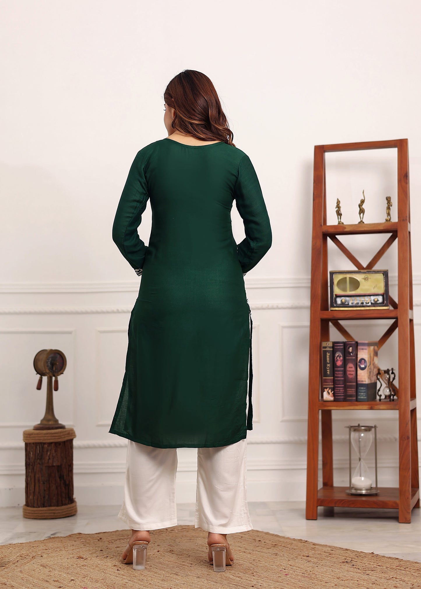GREEN Elegant Chikankari Below Knee Length Kurti Plazo Set Perfect For All Occasion