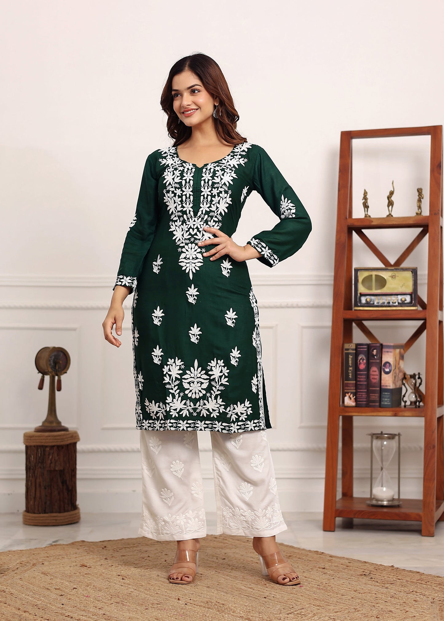 GREEN Elegant Chikankari Below Knee Length Kurti Plazo Set Perfect For All Occasion
