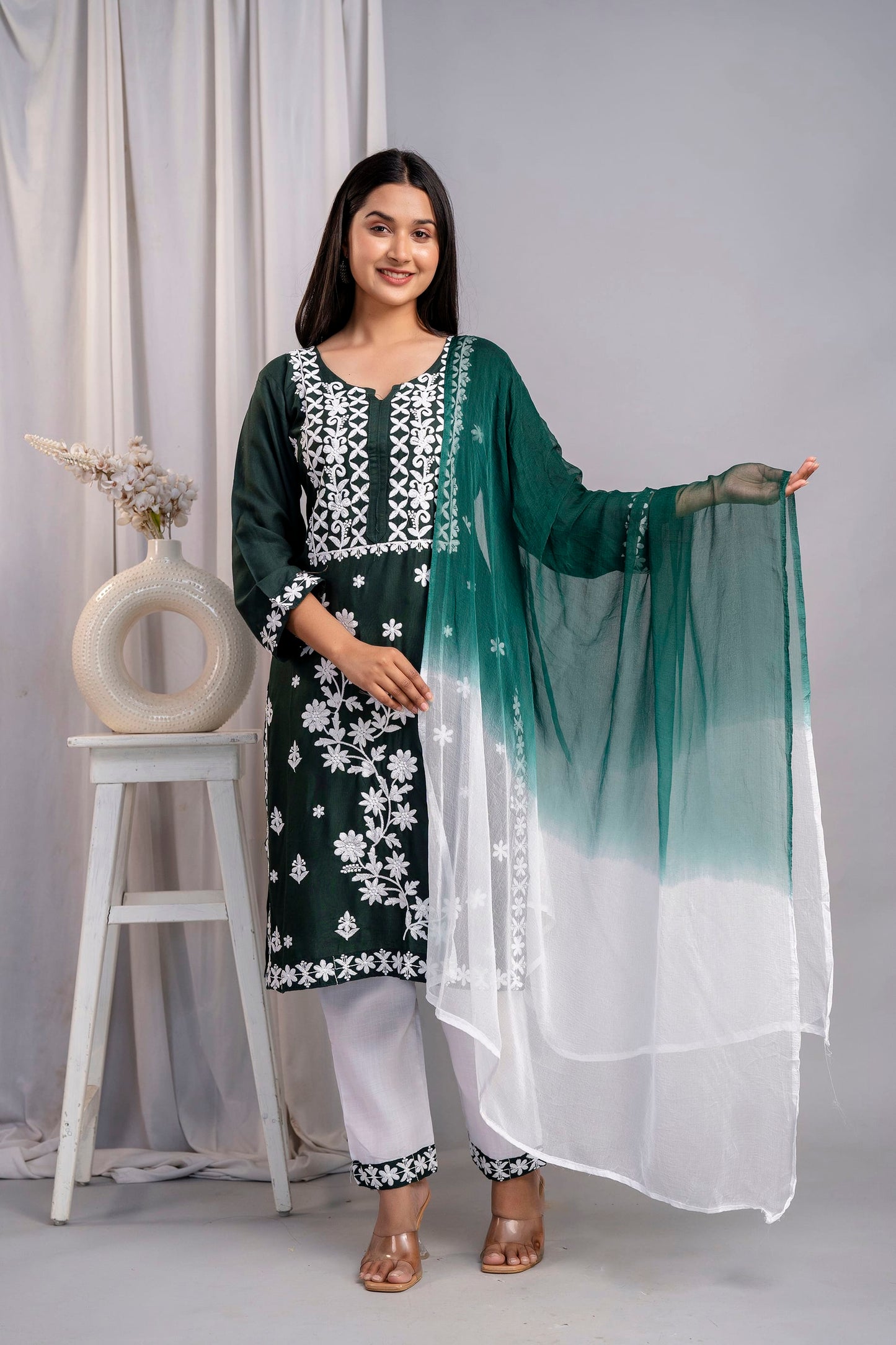 GREEN Elegant Embroidered Kurta Set with Dupatta for Women
