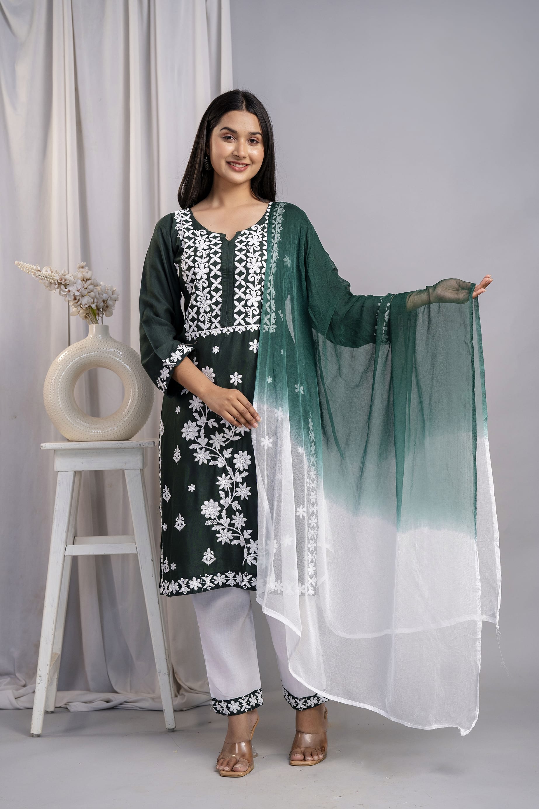 GREEN Elegant Embroidered Kurta Set with Dupatta for Women