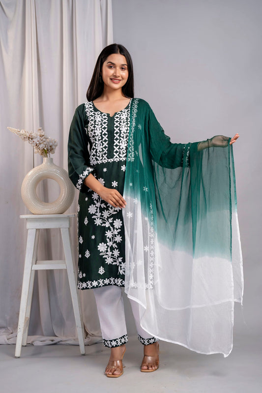 GREEN Elegant Embroidered Kurta Set with Dupatta for Women