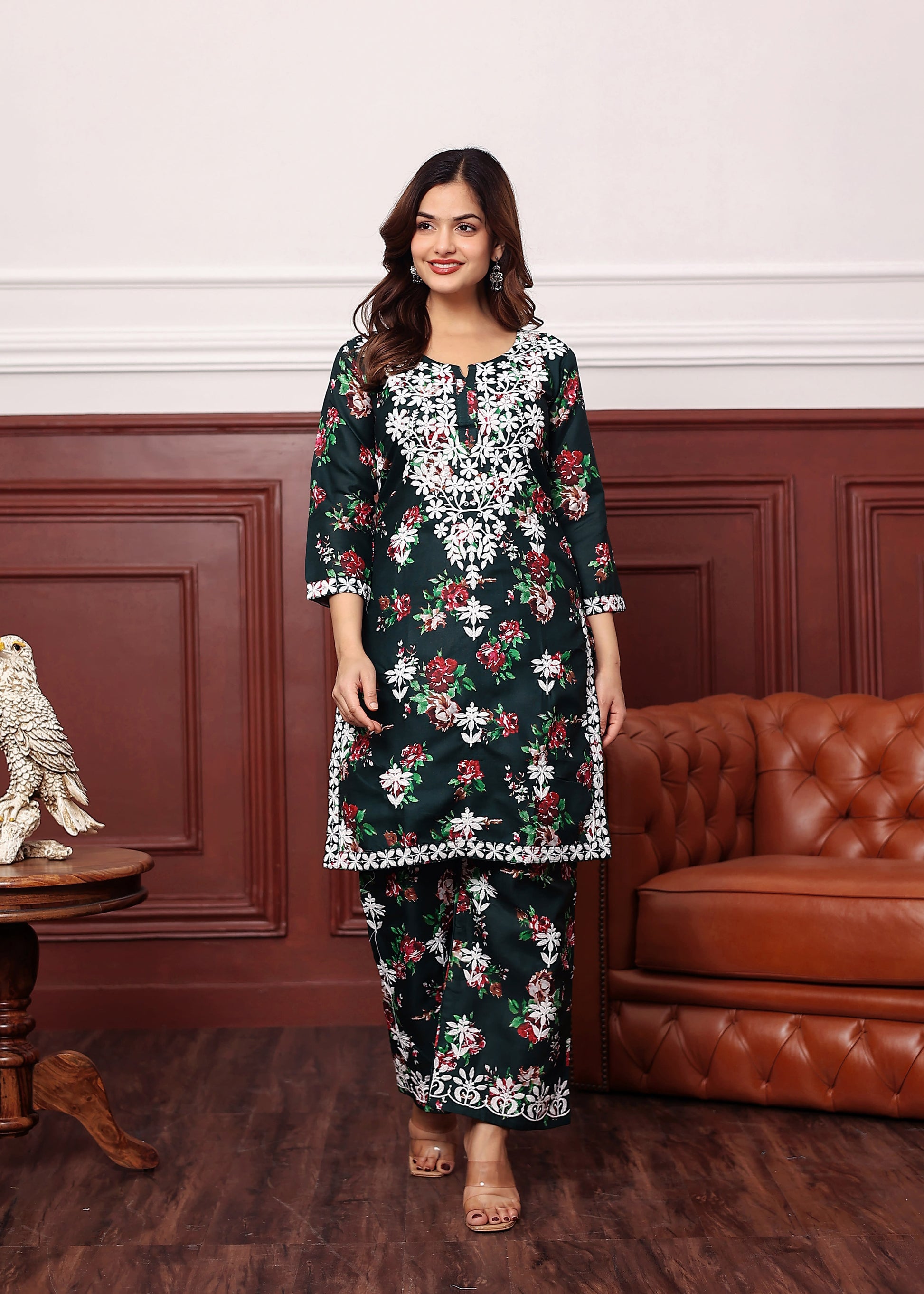GREEN New Printed Chikankari Kurti Set for Women
