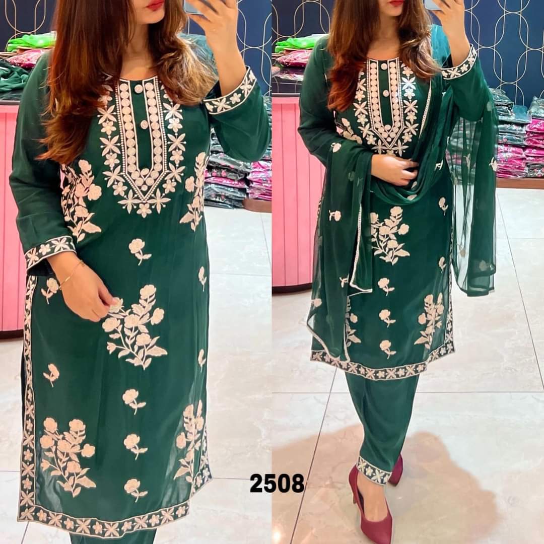 GREEN Straight ,Kurta, Pant & Dupatta Set