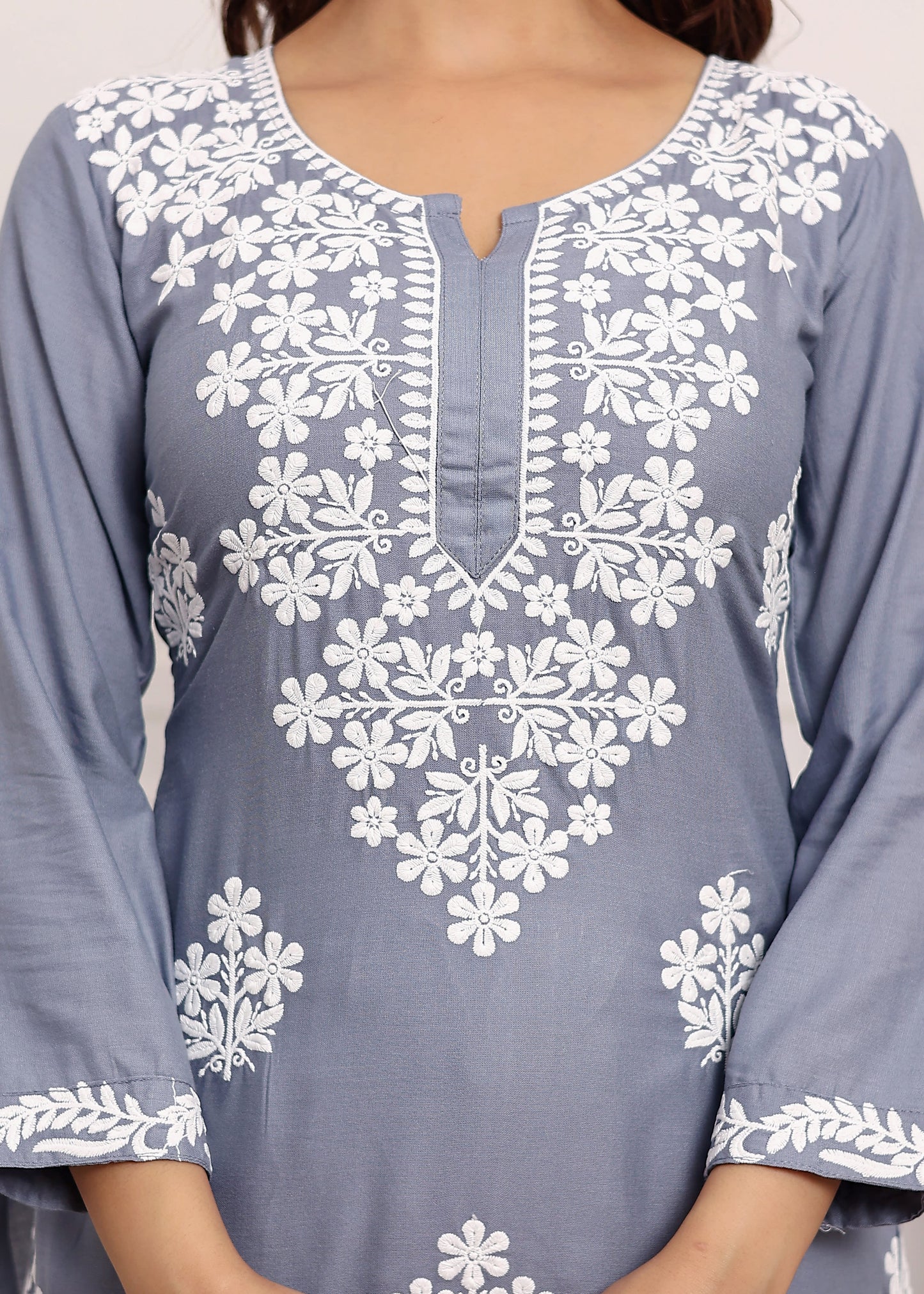 GREY Chikan Kurta for Women Rayon Straight Chikankari Kurti And White Plazo Set