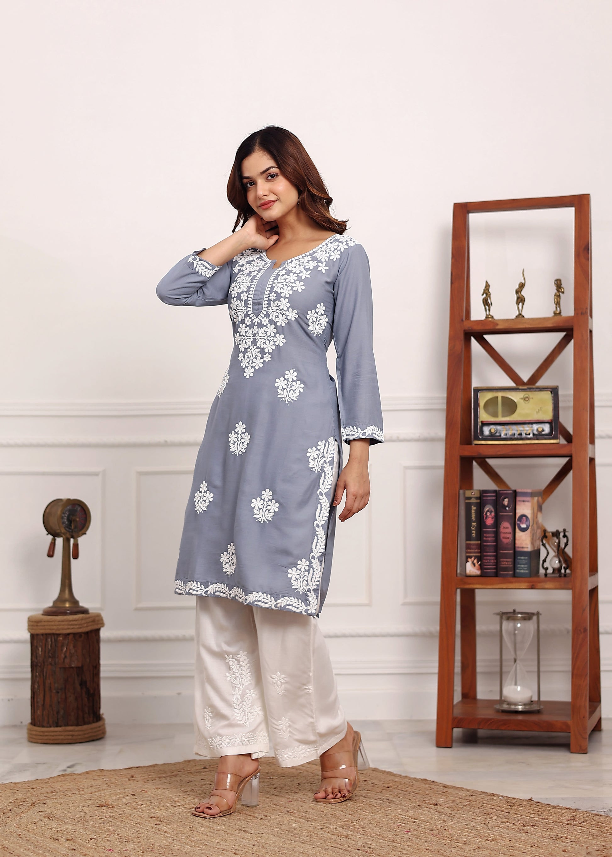 GREY Chikan Kurta for Women Rayon Straight Chikankari Kurti And White Plazo Set