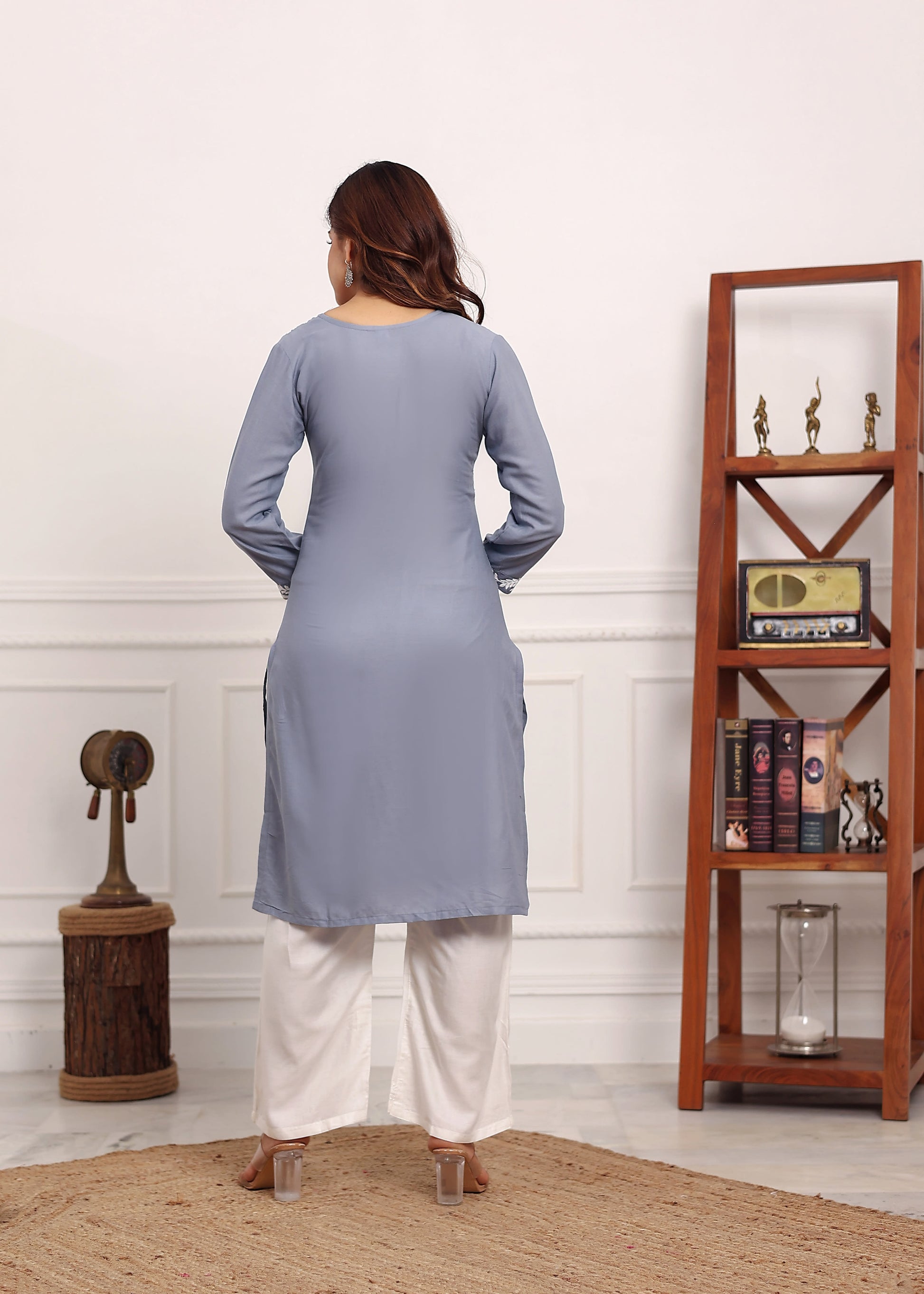 GREY Chikan Kurta for Women Rayon Straight Chikankari Kurti And White Plazo Set