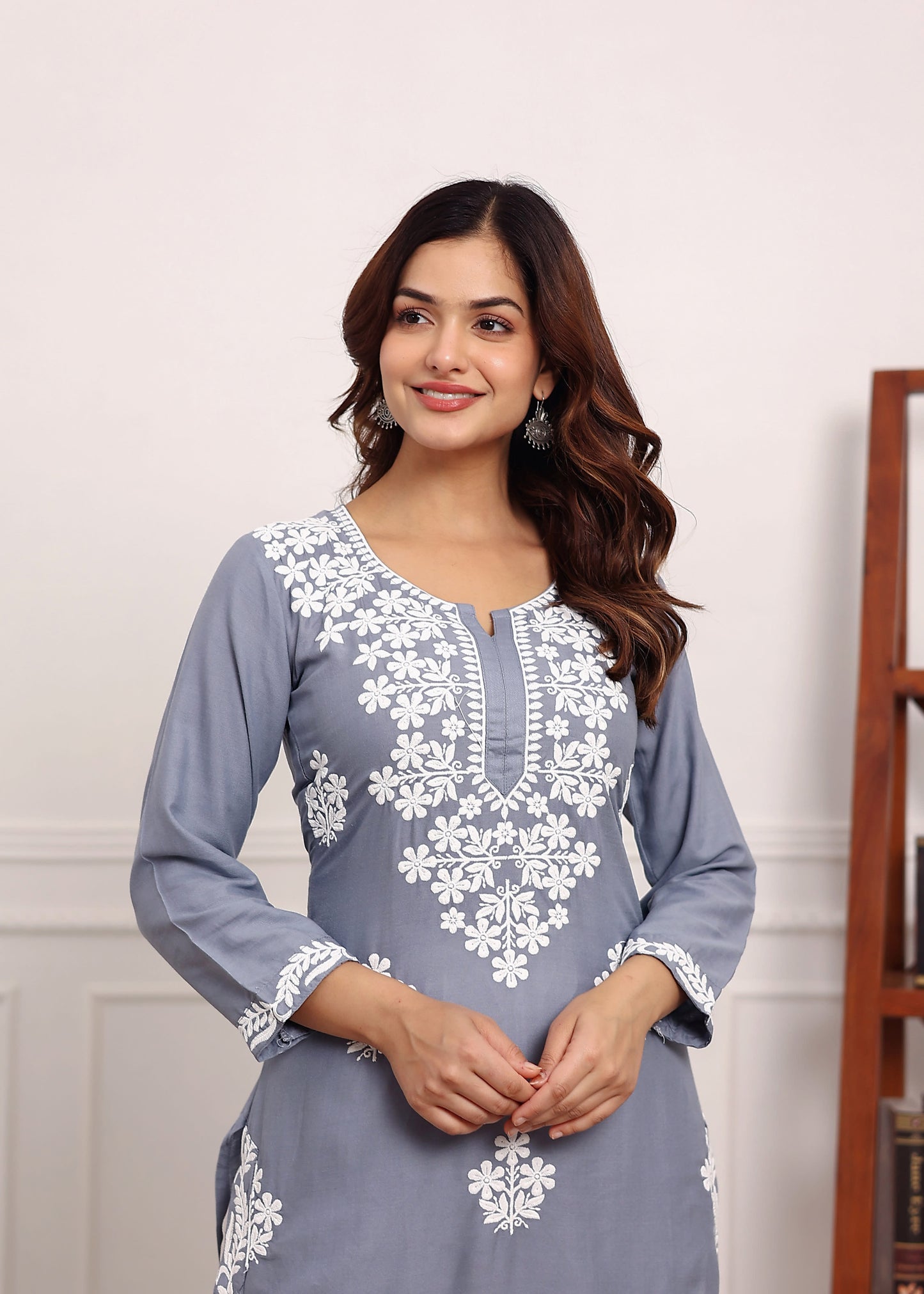 GREY Chikan Kurta for Women Rayon Straight Chikankari Kurti And White Plazo Set