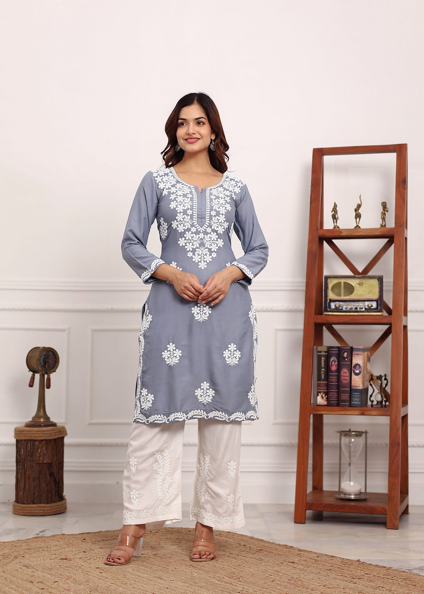 GREY Chikan Kurta for Women Rayon Straight Chikankari Kurti And White Plazo Set