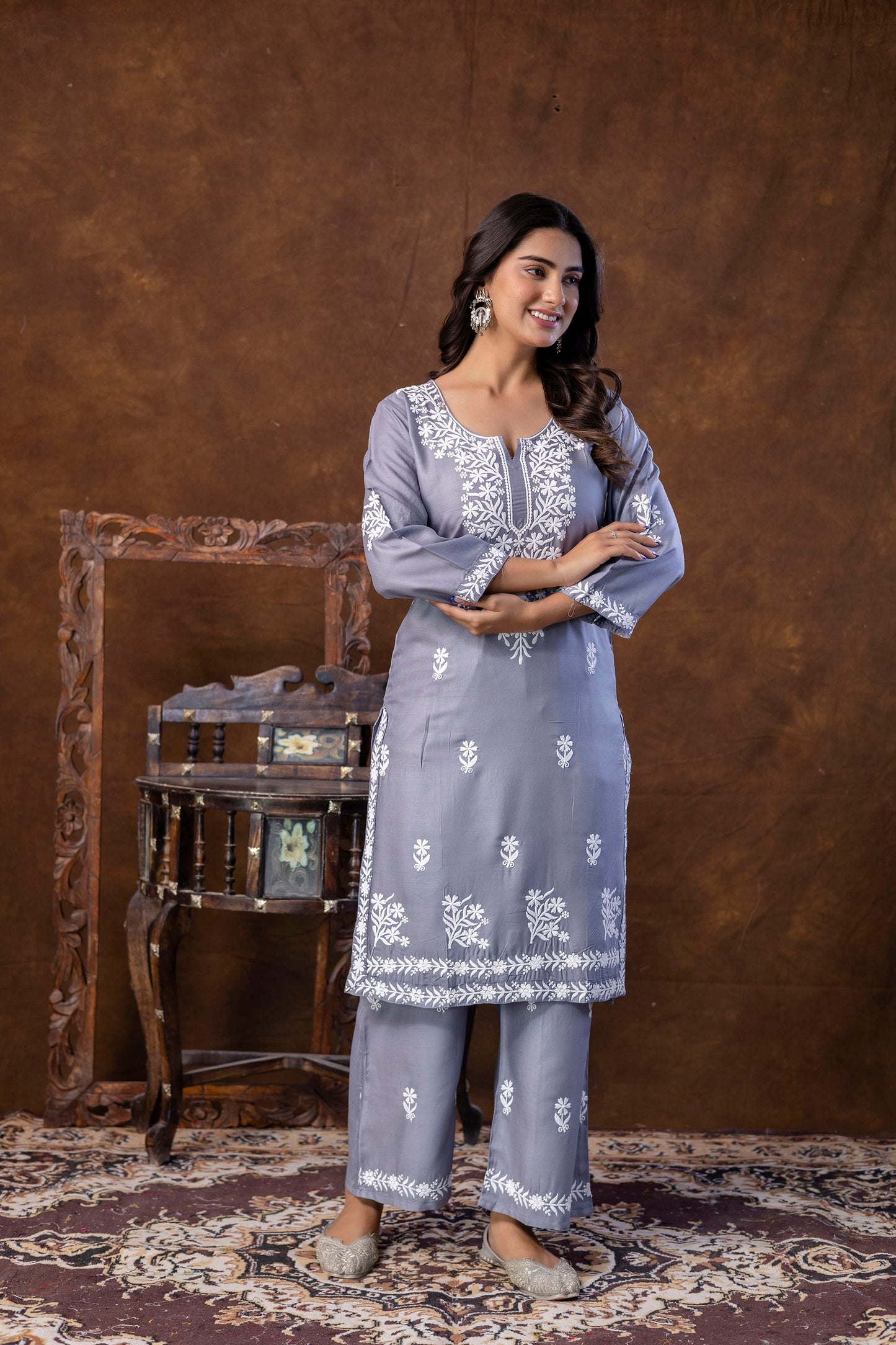 GREY Women Embroidered Straight Kurta & Palazzos Set