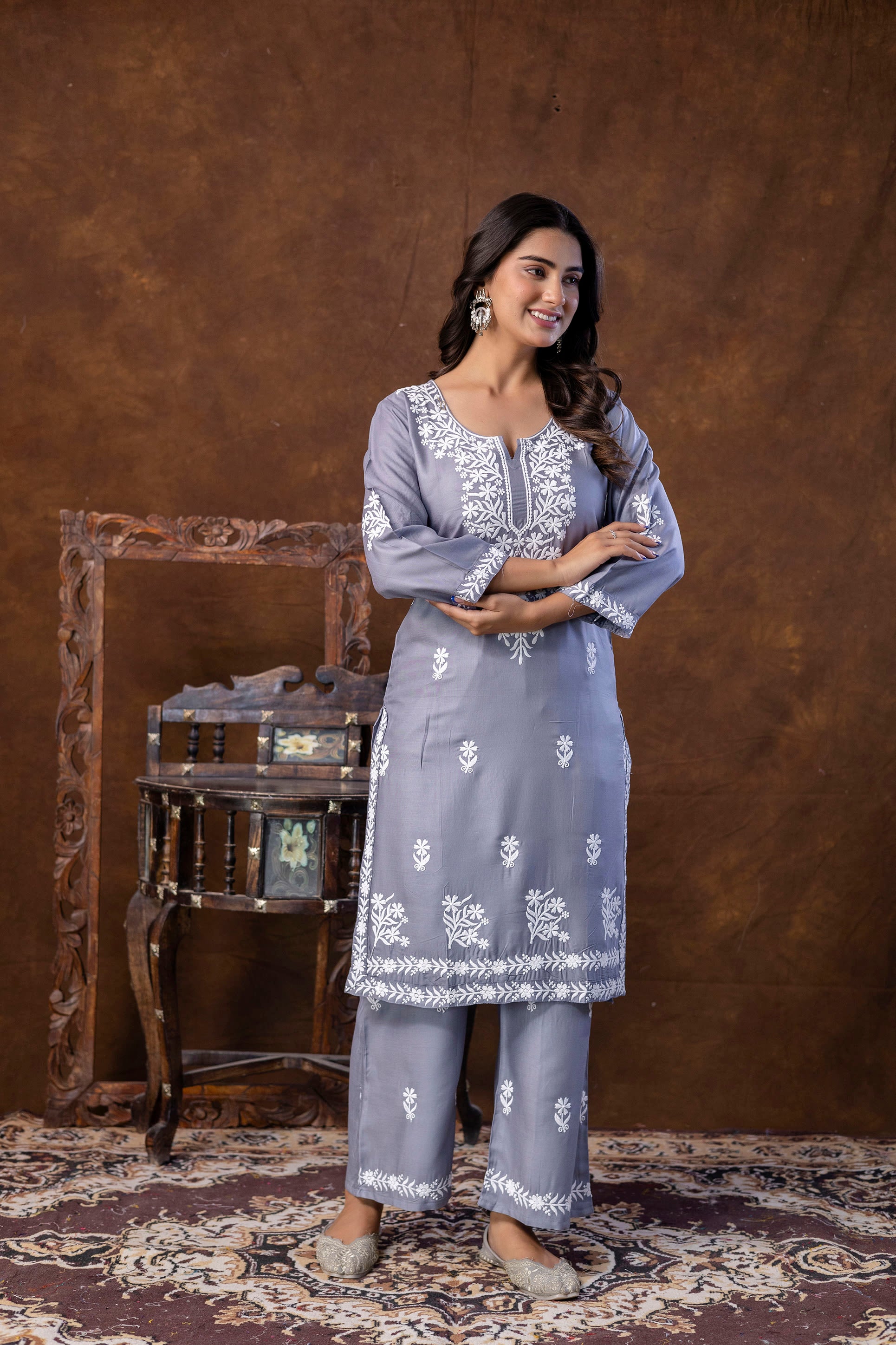 GREY Women Embroidered Straight Kurta & Palazzos Set