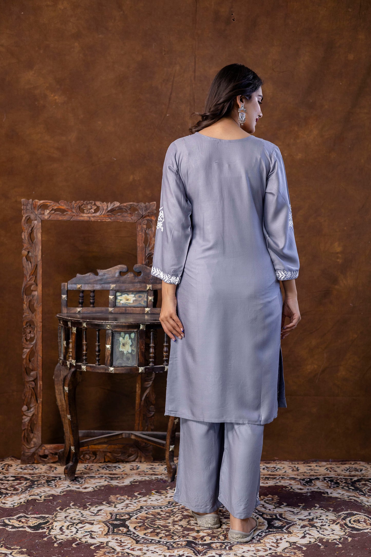GREY Women Embroidered Straight Kurta & Palazzos Set