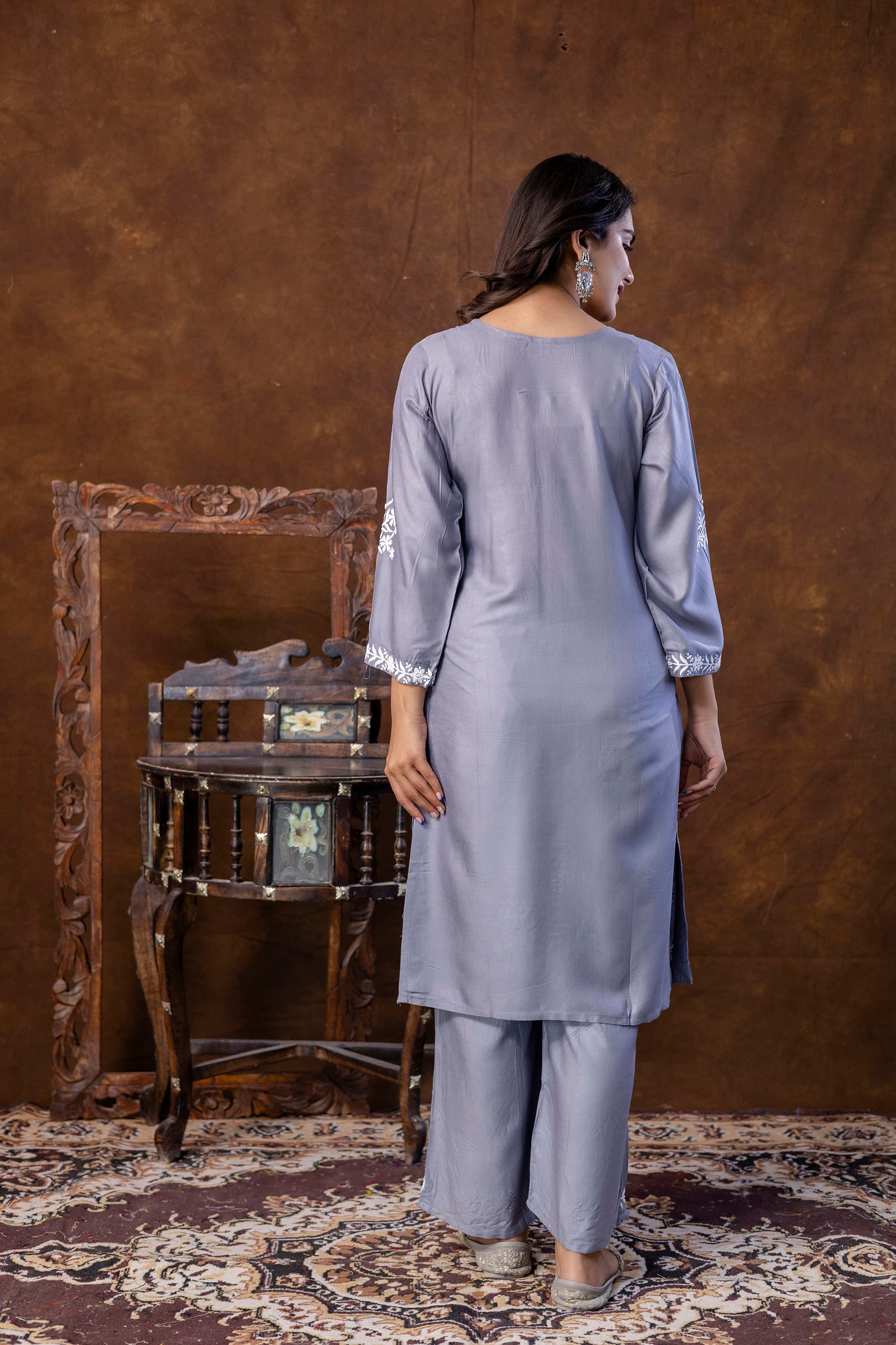 GREY Women Embroidered Straight Kurta & Palazzos Set