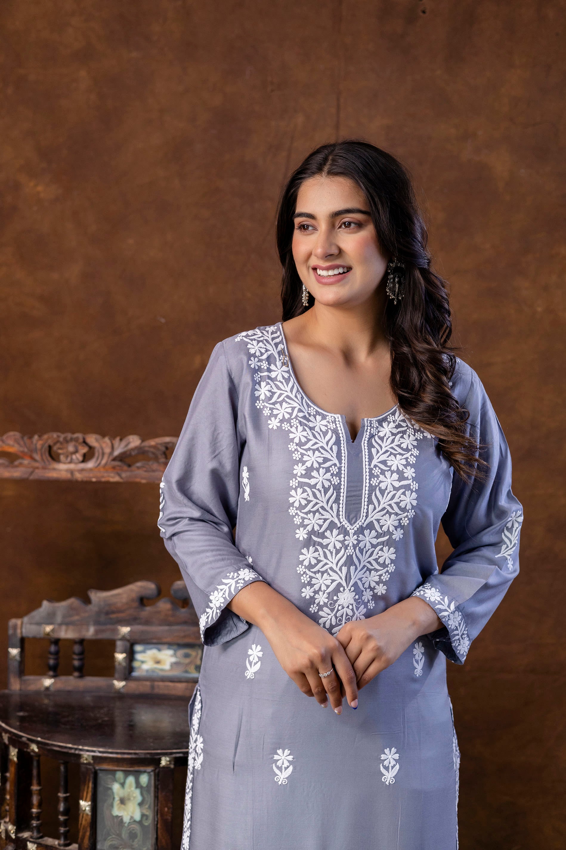 GREY Women Embroidered Straight Kurta & Palazzos Set