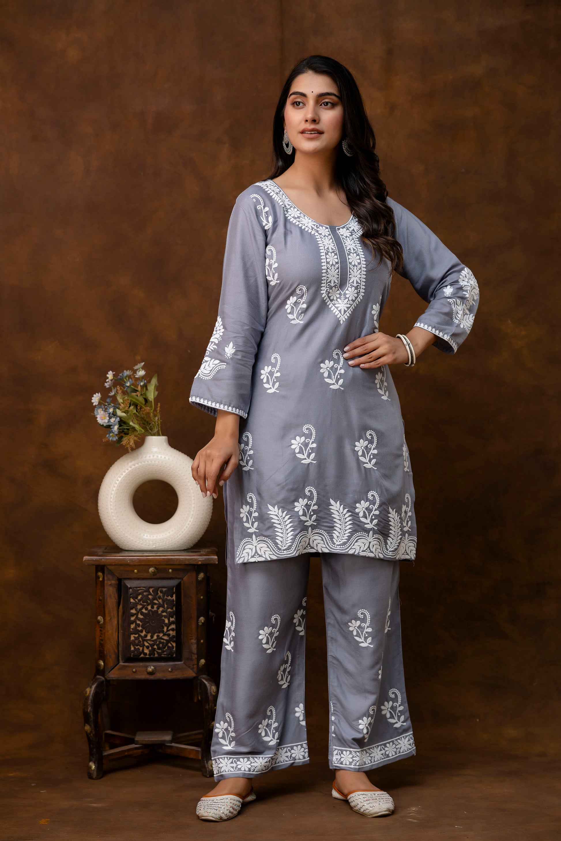 GREY Women Rayon Ethnic Top Plazzo Set