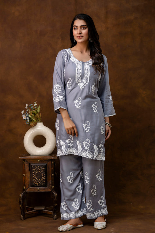 GREY Women Rayon Ethnic Top Plazzo Set