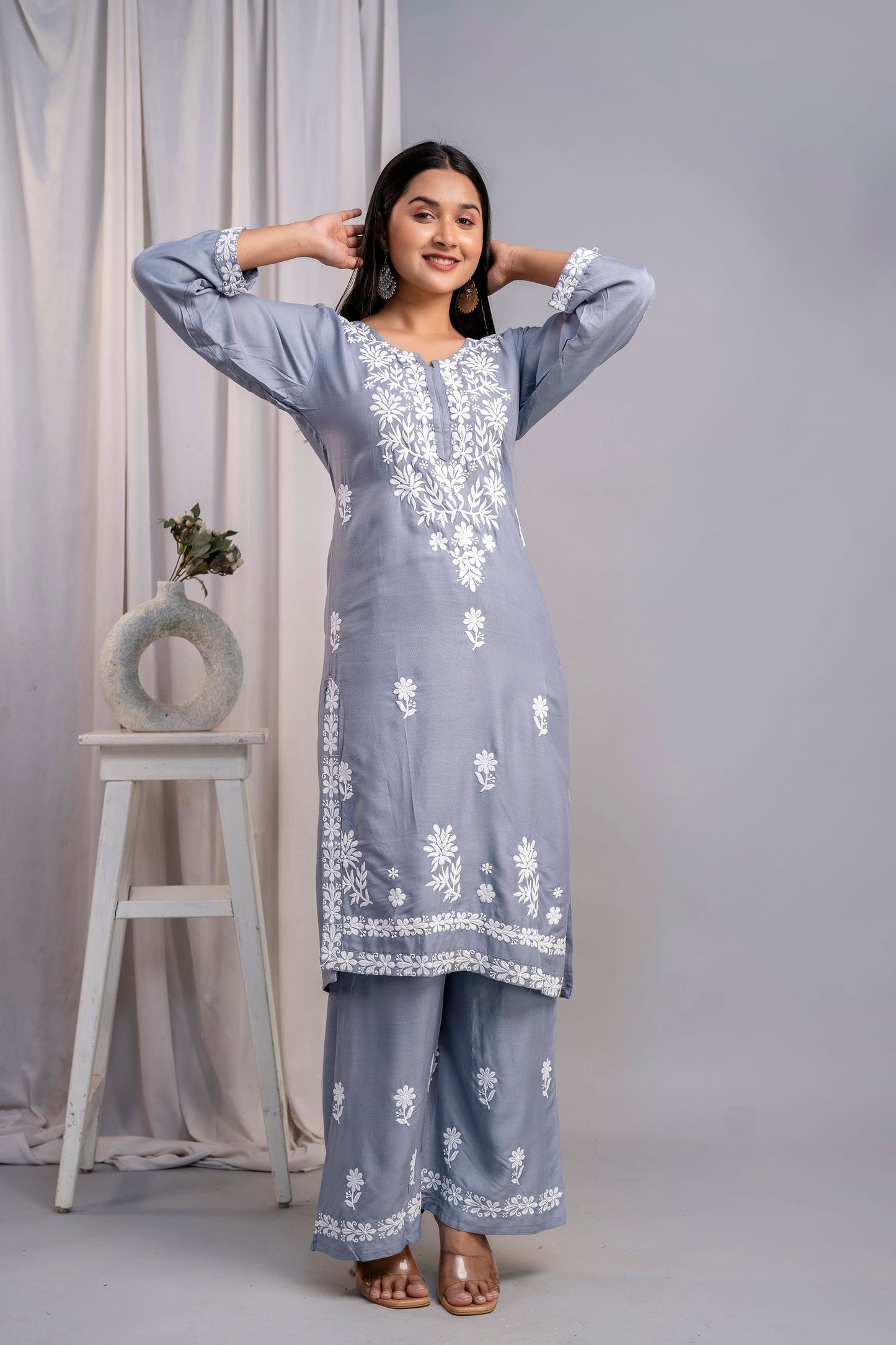 GREY Women's Exclusive Kurti & Palazzo Set on Pure Rayon Fabric Chikan Suit