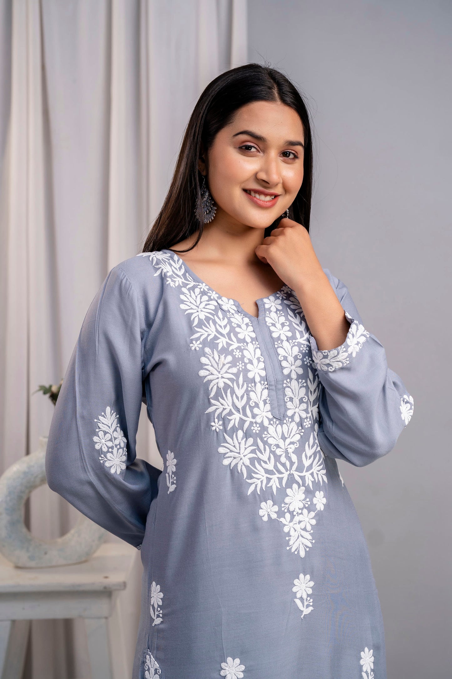 GREY Women's Exclusive Kurti & Palazzo Set on Pure Rayon Fabric Chikan Suit