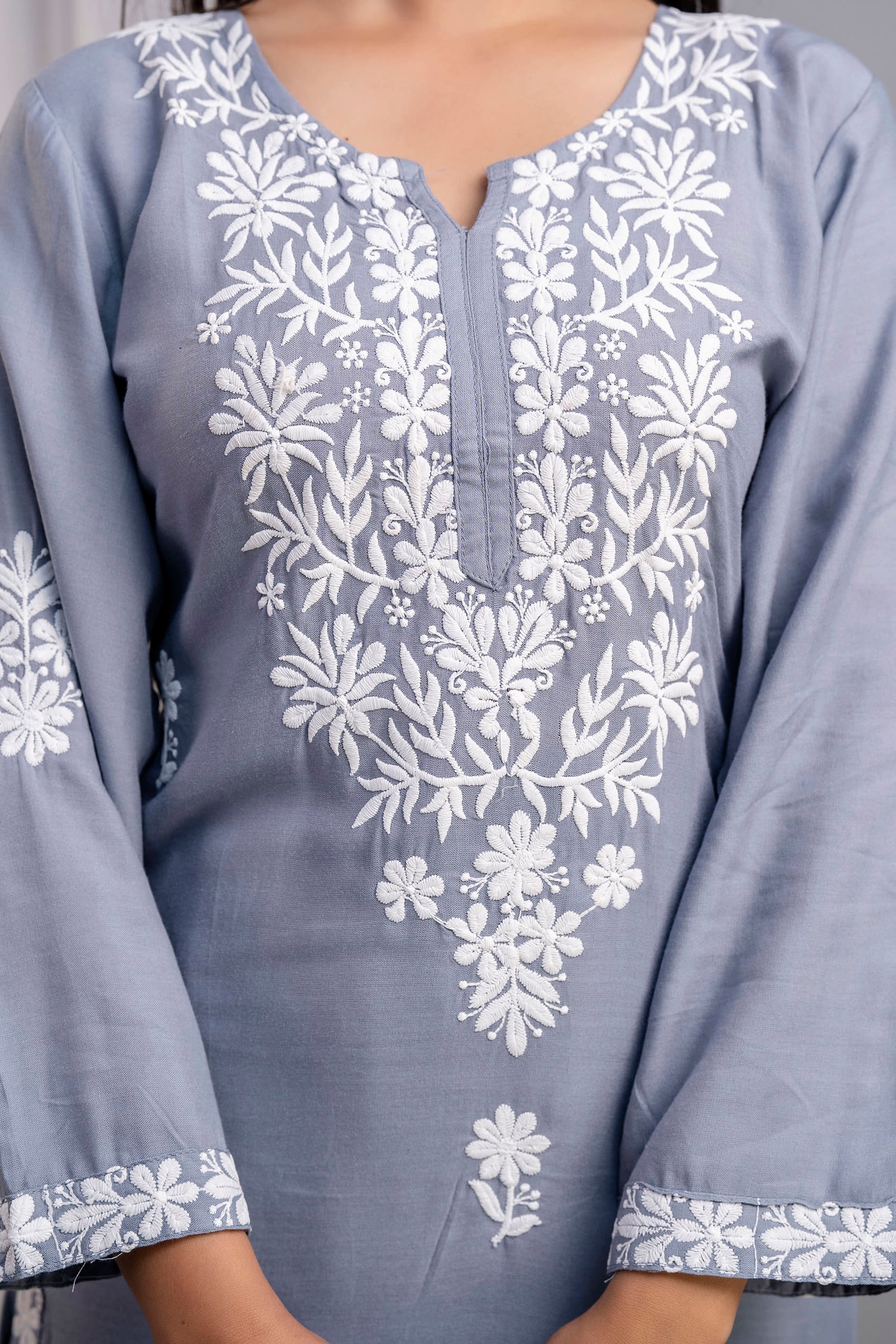 GREY Women's Exclusive Kurti & Palazzo Set on Pure Rayon Fabric Chikan Suit