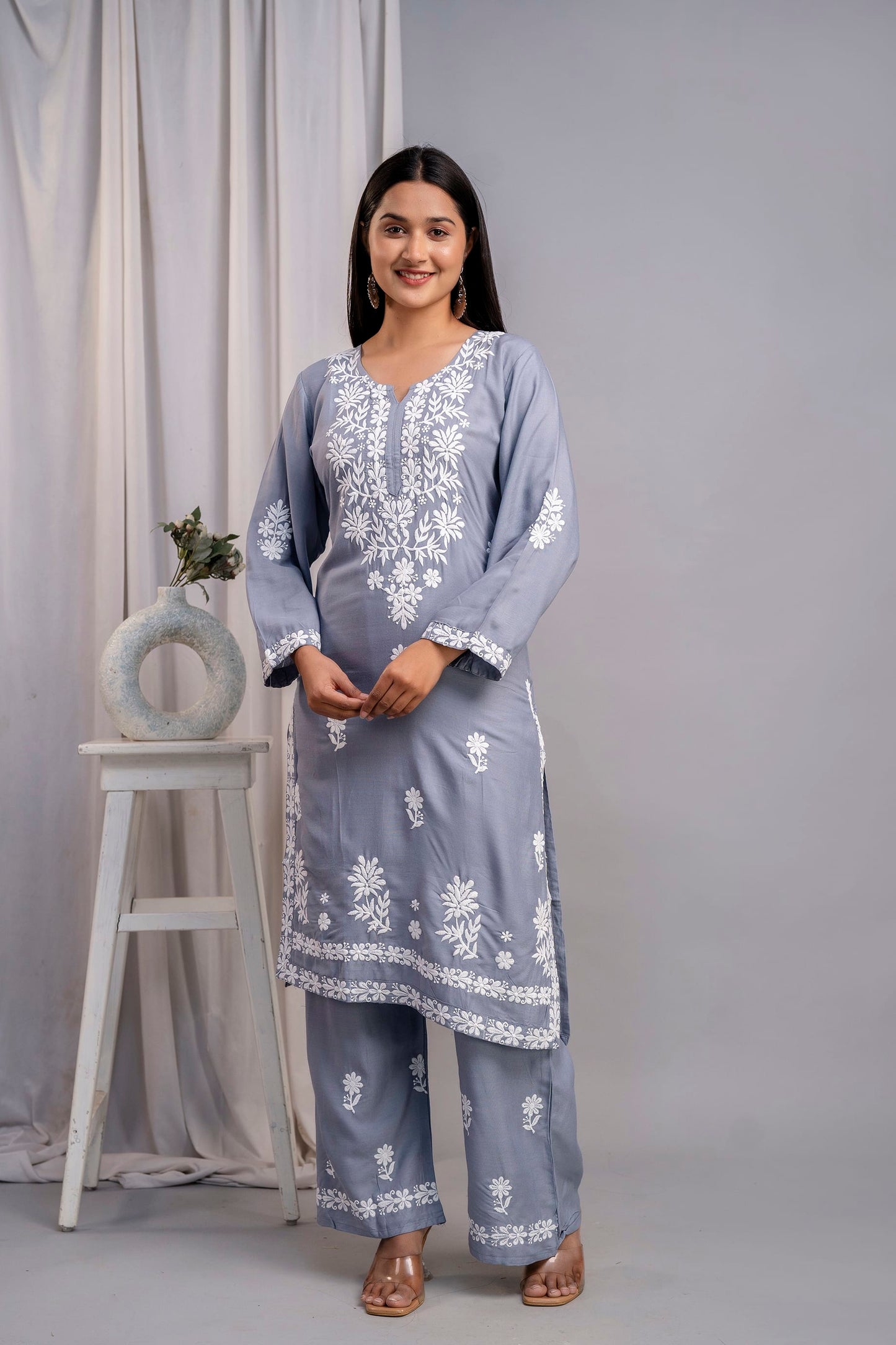 GREY Women's Exclusive Kurti & Palazzo Set on Pure Rayon Fabric Chikan Suit
