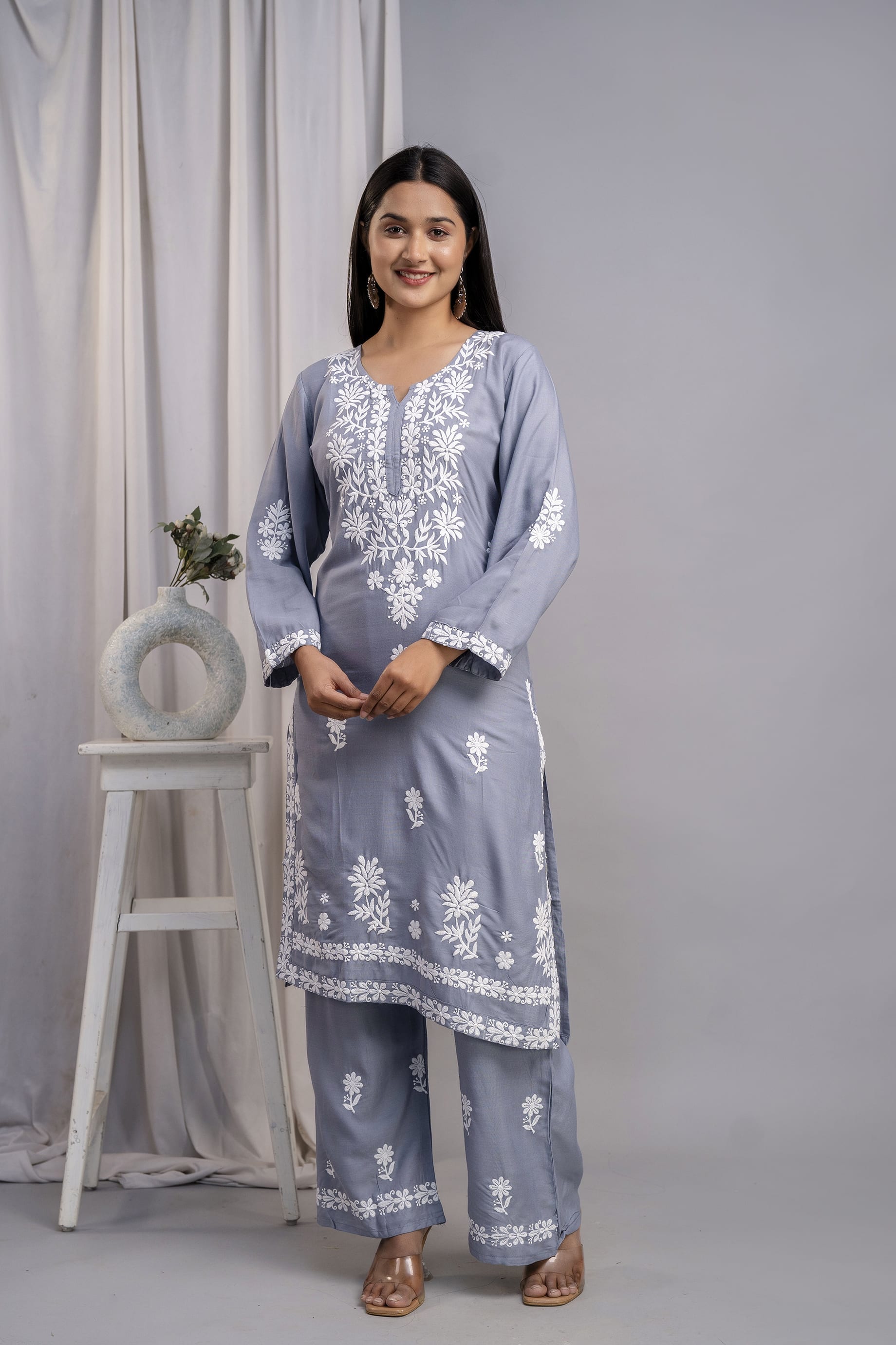 GREY Women's Exclusive Kurti & Palazzo Set on Pure Rayon Fabric Chikan Suit