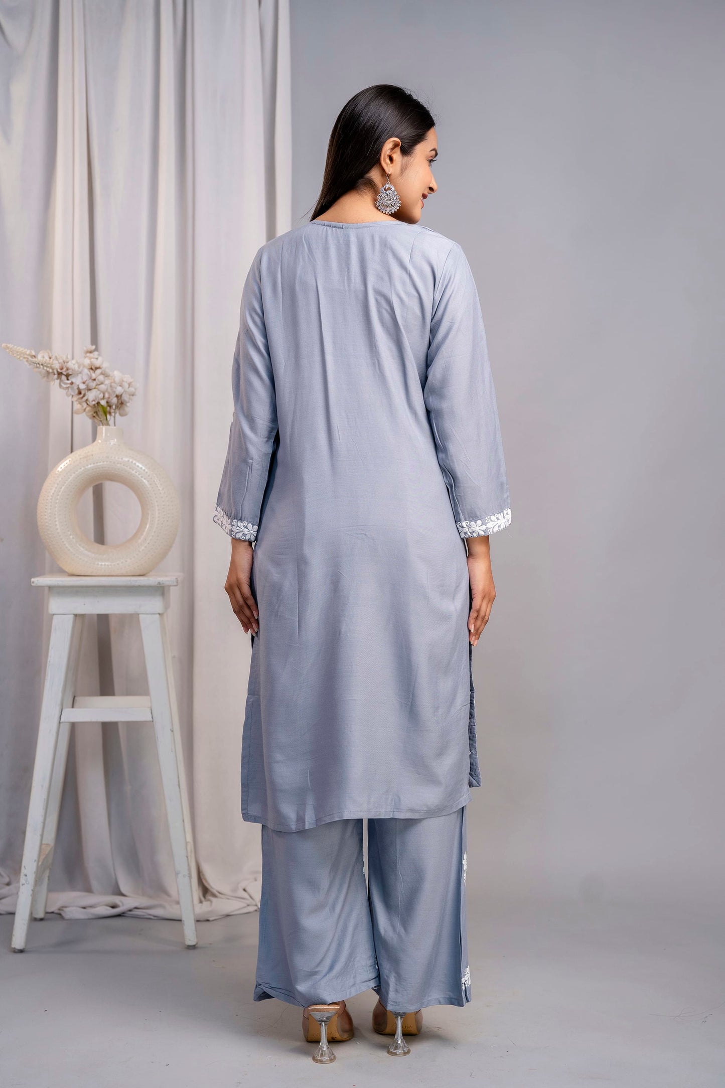 GREY Women's Exclusive Kurti & Palazzo Set on Pure Rayon Fabric Chikan Suit