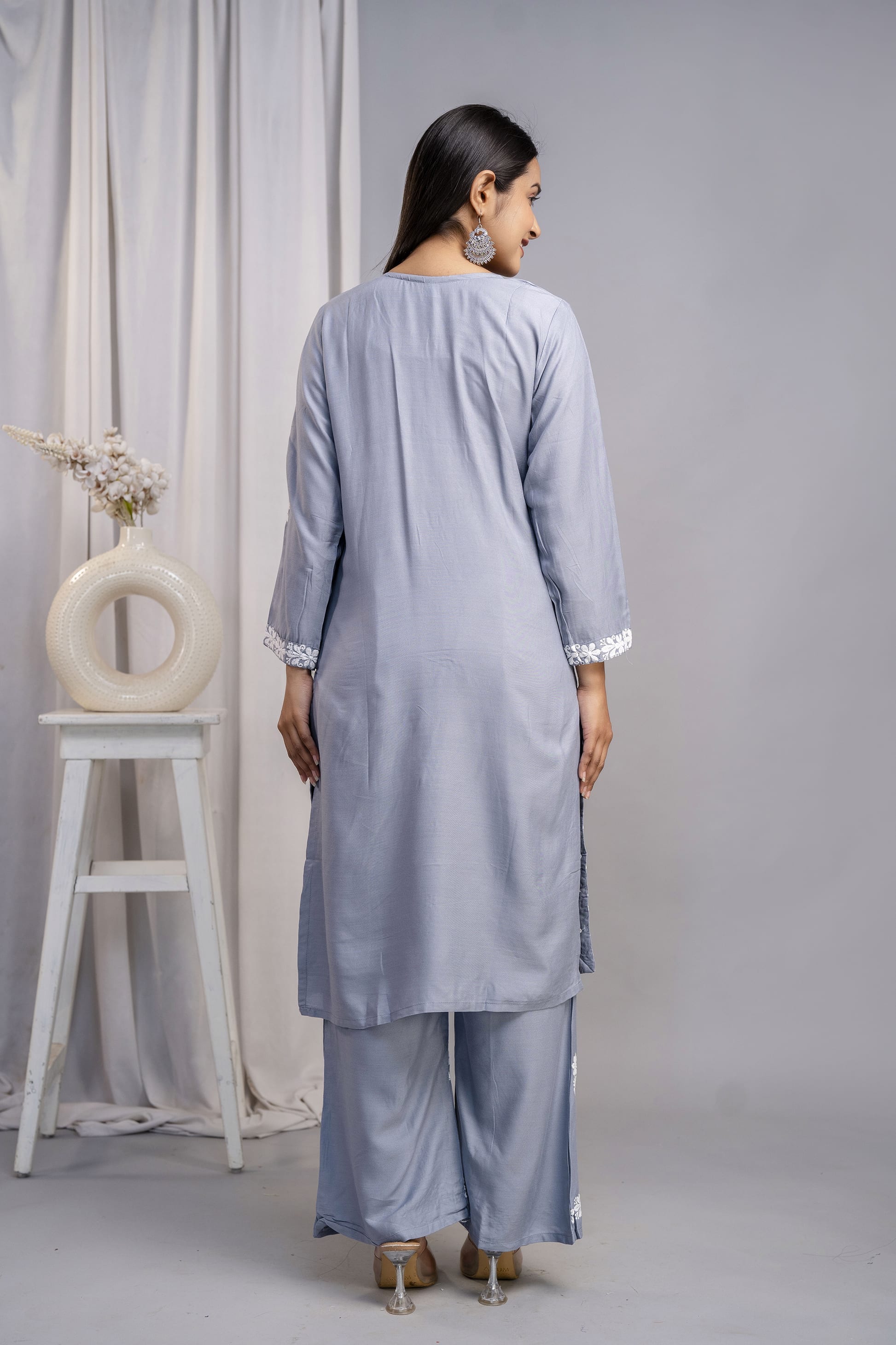 GREY Women's Exclusive Kurti & Palazzo Set on Pure Rayon Fabric Chikan Suit